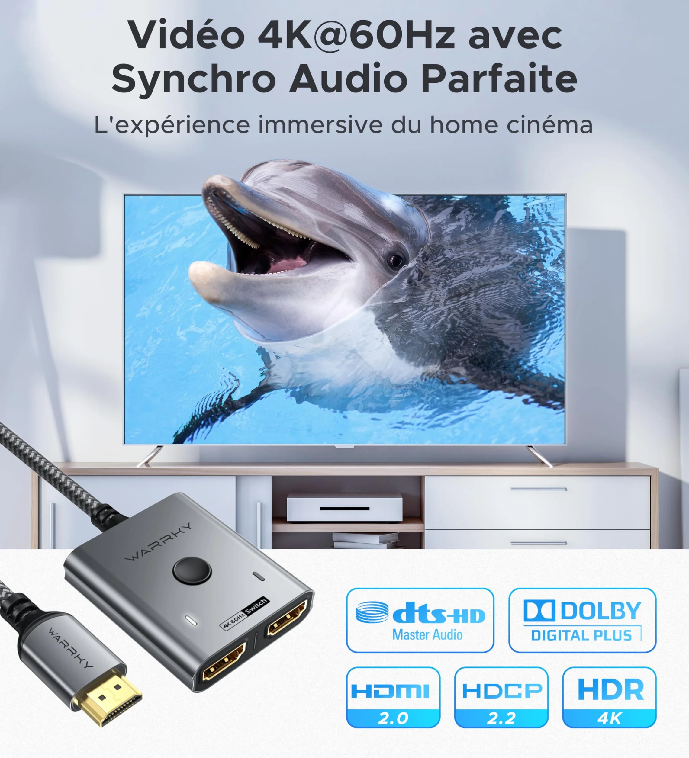 WARRKY Commutateur HDMI 4K 60Hz Bidirectionnel 2 Entrées 1 Sortie avec Câble Tressé Fixe 1M Coquille Aluminium
