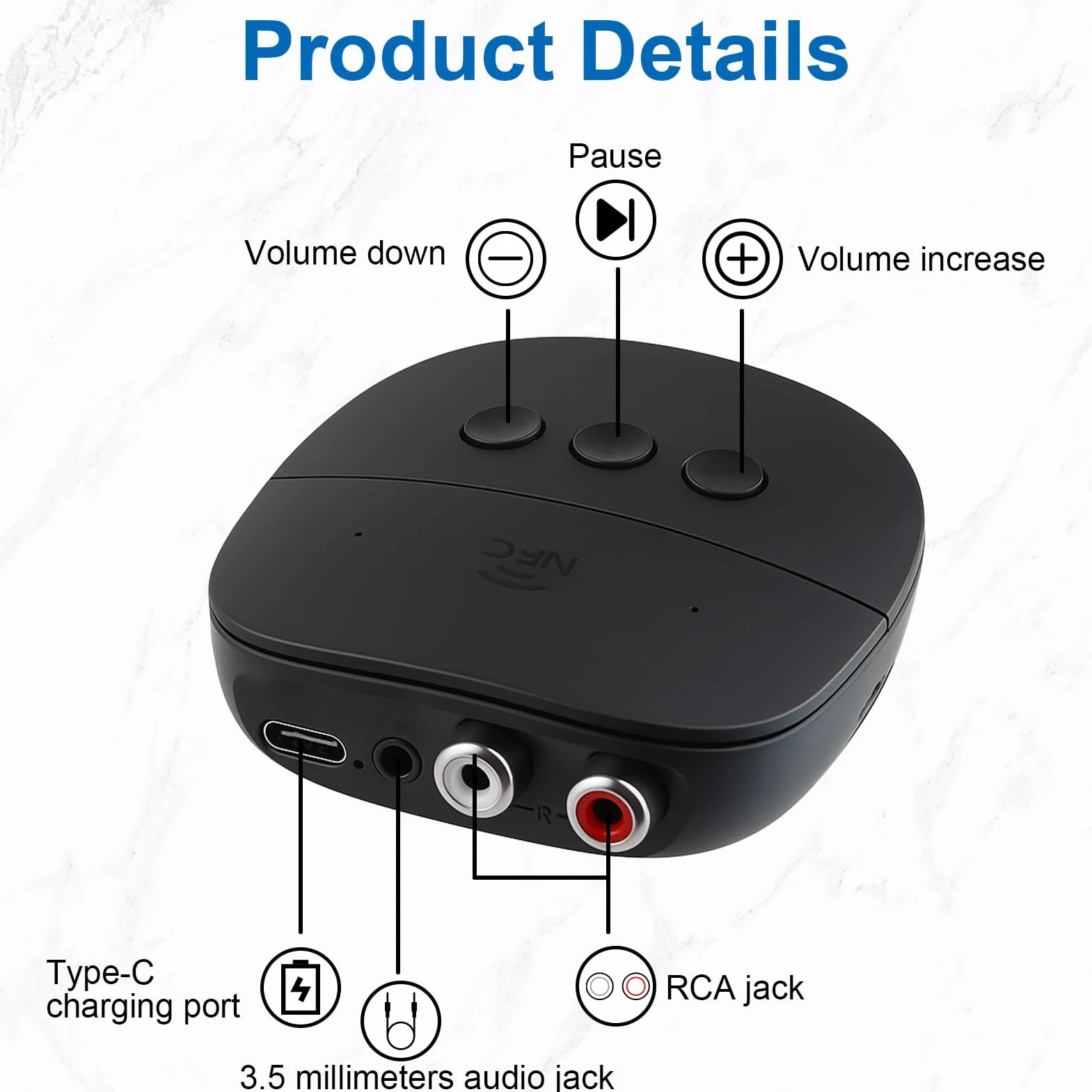 Récepteur Bluetooth 5.2 Adaptateur Audio Jack 3.5 mm RCA NFC pour Système Stéréo Haut-Parleurs