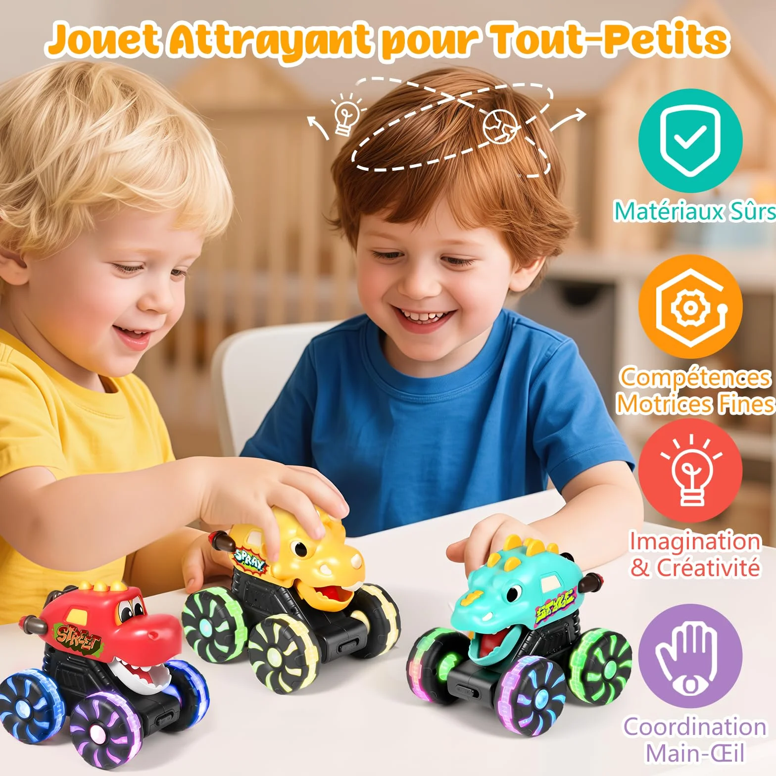 MOONTOY 3 Pièces Dinosaure Jouet Monstre Voiture Lumineuse à Pression pour Bébé 1 an
