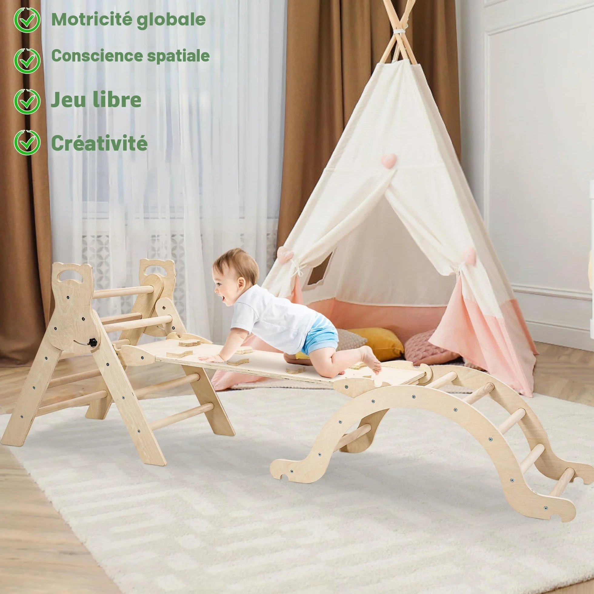 Arche Montessori Escalade Enfant Bebe Jeux en Bois Hêtre avec Toboggan Échelle Coussin Aire de Jeux Interieur 1 2 3 4 Ans