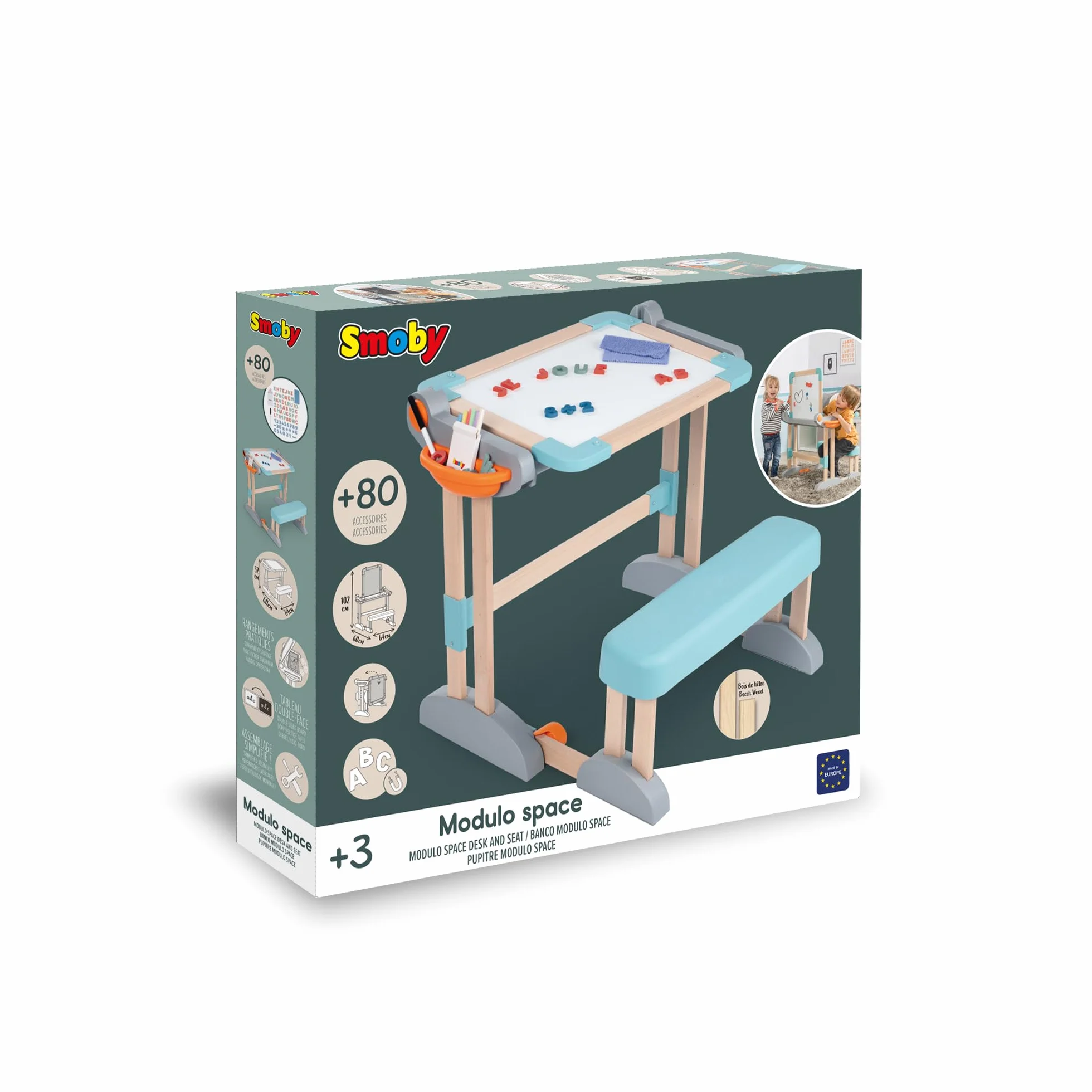 Smoby - Bureau Modulo Space - Transformable en Tableau Double Face - Bois et Plastique - Pliable et Compact - 80 Accessoires Inclus - A Partir de 3 Ans