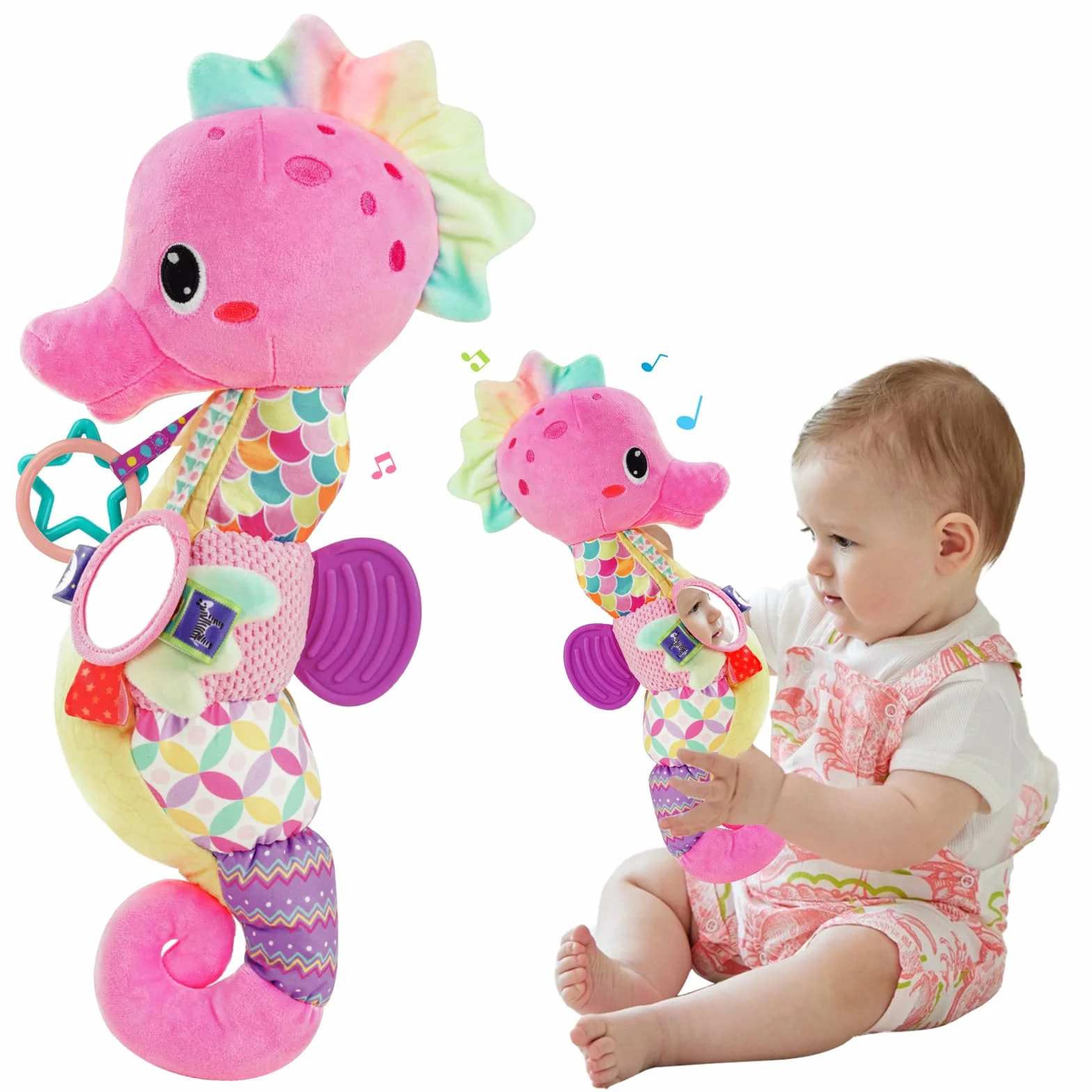 Jouet Bebe 0-12 Mois, Cadeau Naissance Fille Garcon avec Hochet Anneau Dentition Miroir, Jeux Eveil Musical Sensoriel