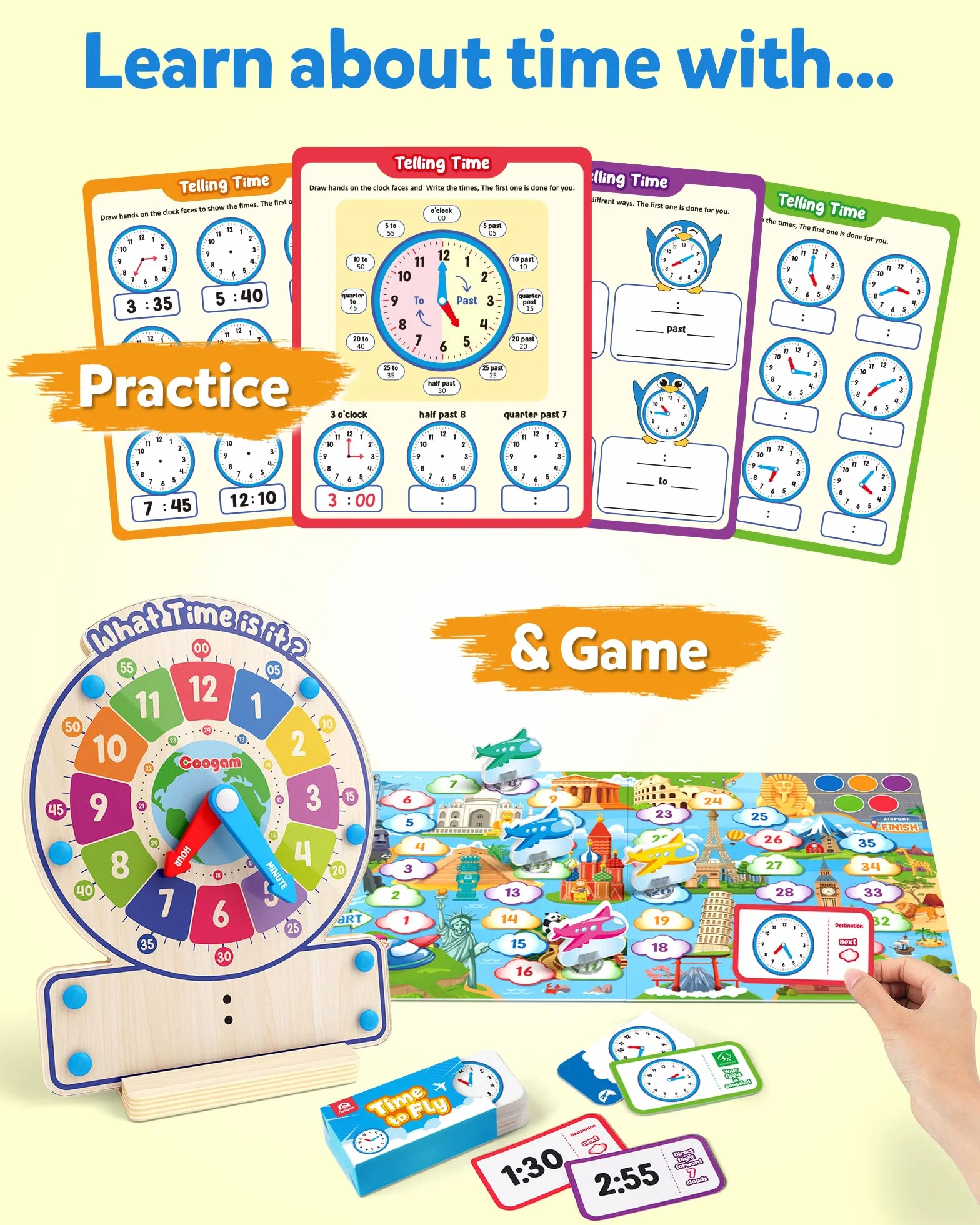 Coogam Horloge en Bois d'Enseignement du Temps, Jeu Éducatif pour Enfants 3 4 5 Ans