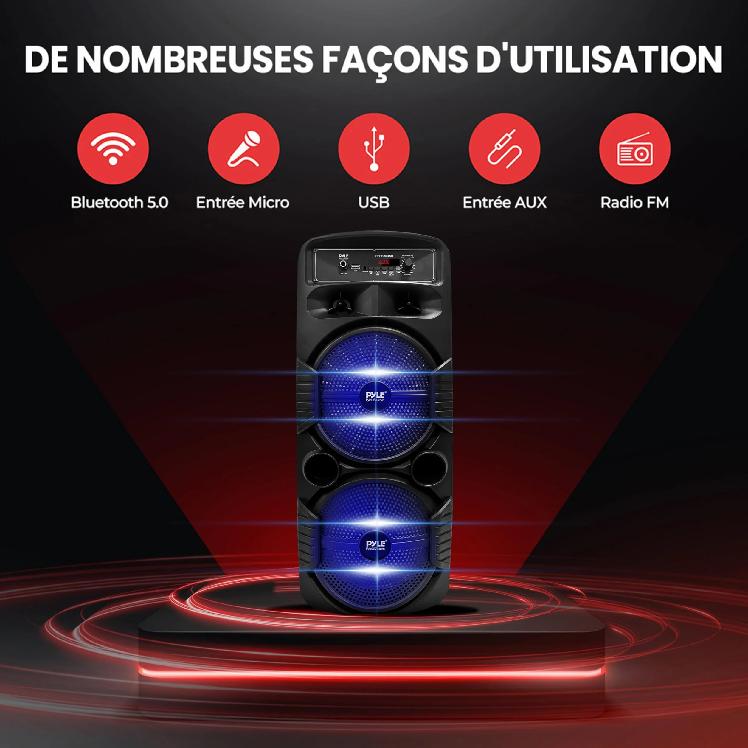 Pyle Enceinte Bluetooth Portable Extérieure 600 W Haut Parleur Sono Double Caisson de Basses Tweeter