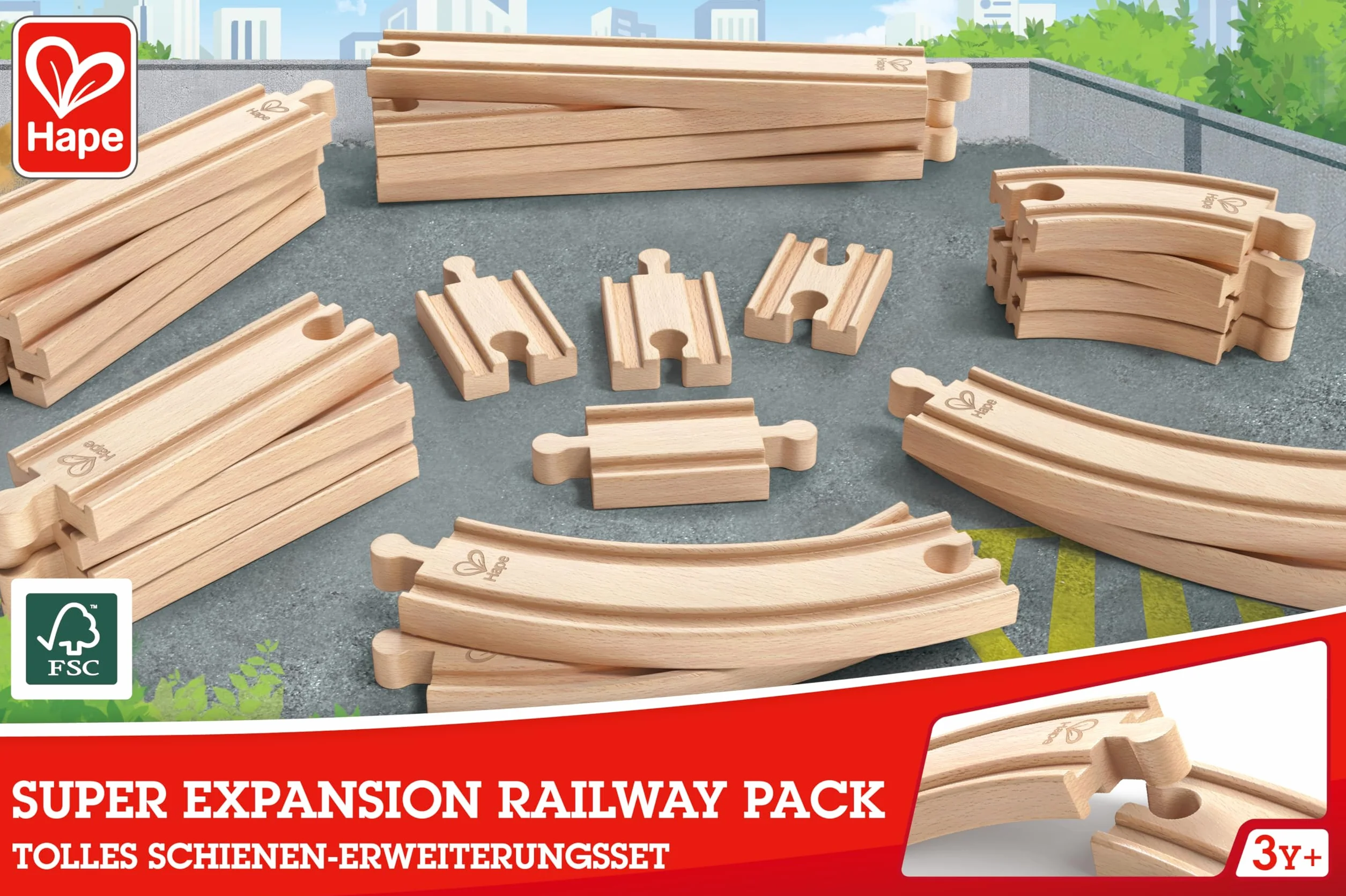 Hape Coffret d'Extension de Rails pour Circuit Train Bois - 24 Pièces Virages et Lignes Droites - Jeu Éducatif 3 Ans+
