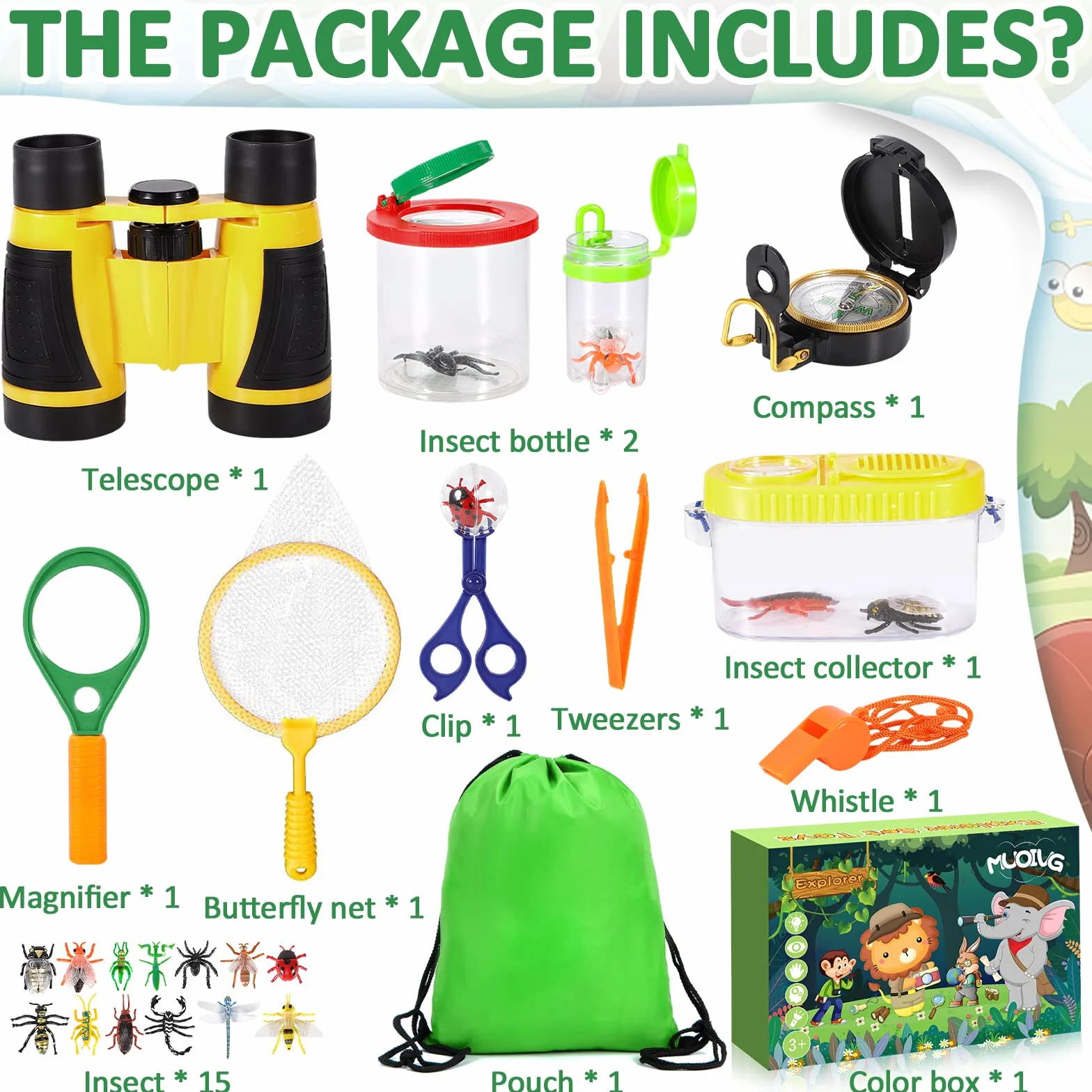 Ensemble Explorateur Extérieur 27 Pièces Jouets Kit Exploration Jumelles Aventurier Enfants avec Pince à épiler Attrape-Insectes Boussole Loupe