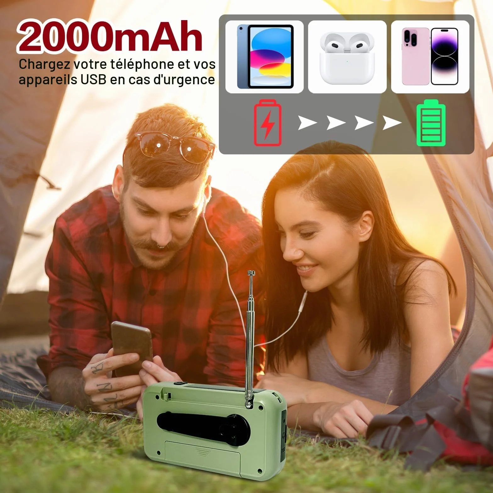 Radio d'urgence Multifonction 3 en 1 GEMMAC Recharge Solaire Dynamo Manivelle USB Batterie 2000mAh Powerbank Lampe Torche Lecture LED Alarme SOS Radio AM FM Camping Randonnée Survie