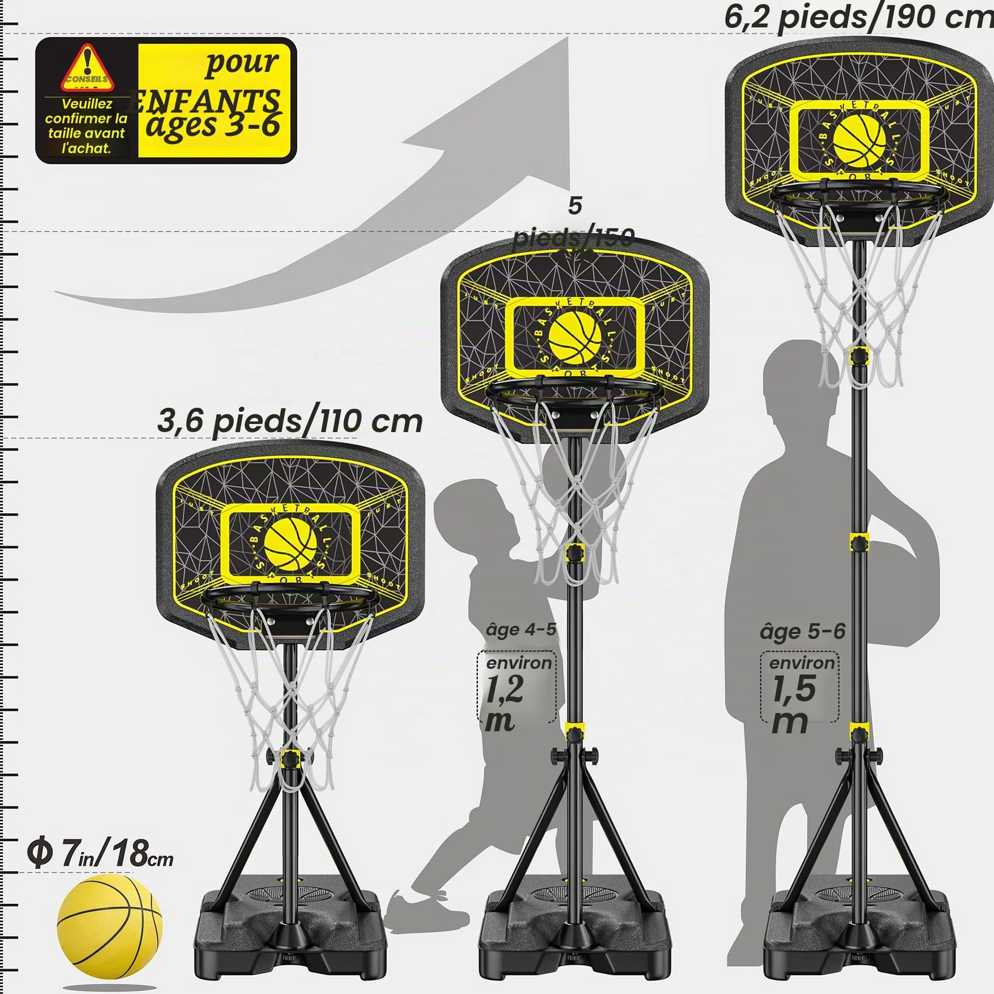 Panier de Basket Enfants Hauteur Réglable 110-190 cm Jouets Extérieur Intérieur