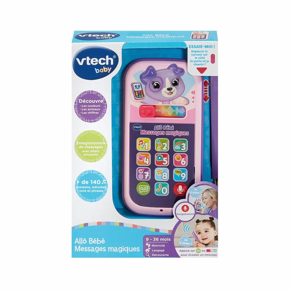 VTech Allô Bébé Messages Magiques Rose Premier Téléphone Interactif Parlant Musical Enregistreur Vocal Changeur de Voix Effets Lumineux Cadeau Bébé 9 Mois Français