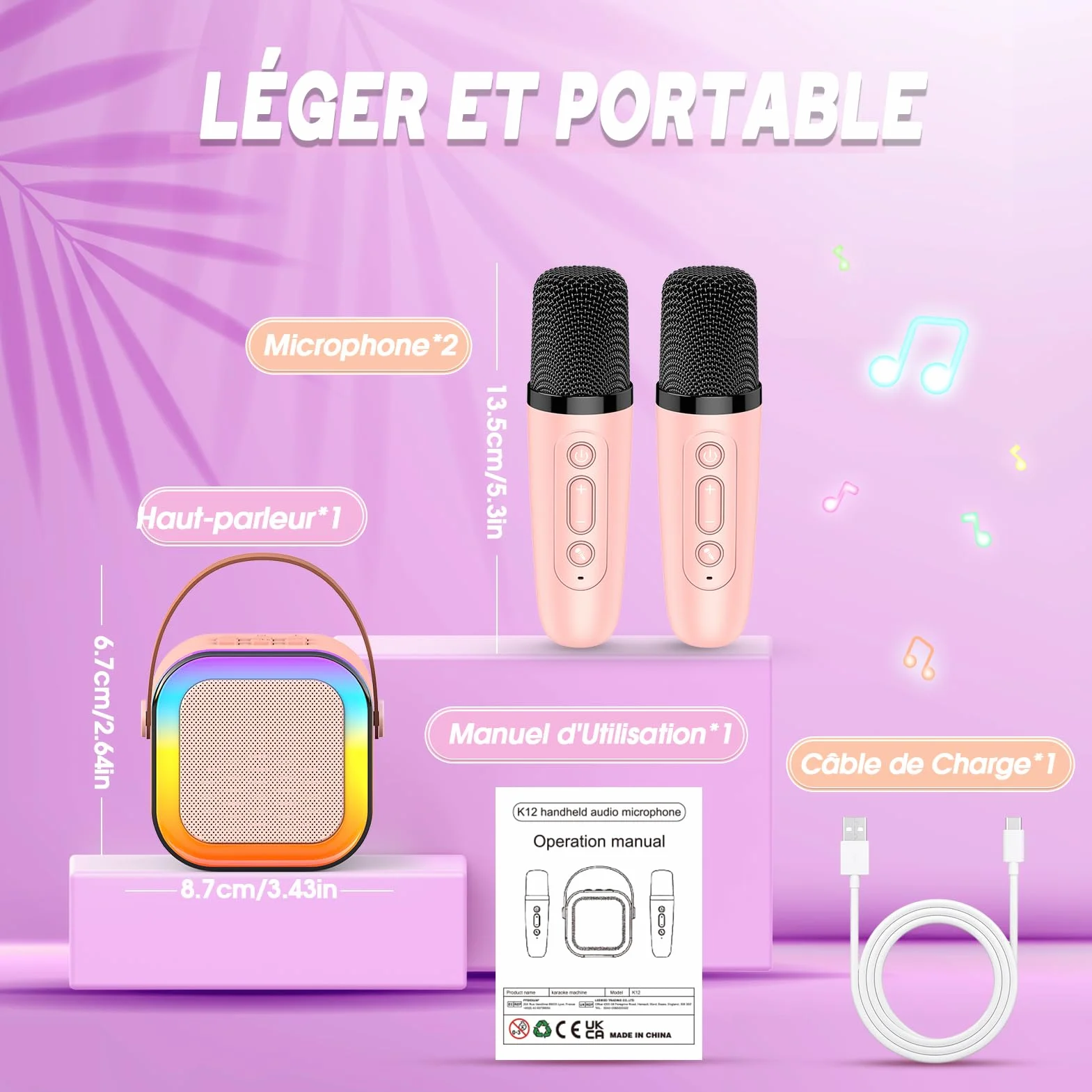Micro Karaoke Enfant Sans Fil Bluetooth Jouet pour Chanter Anniversaire Fille 3-12 Ans