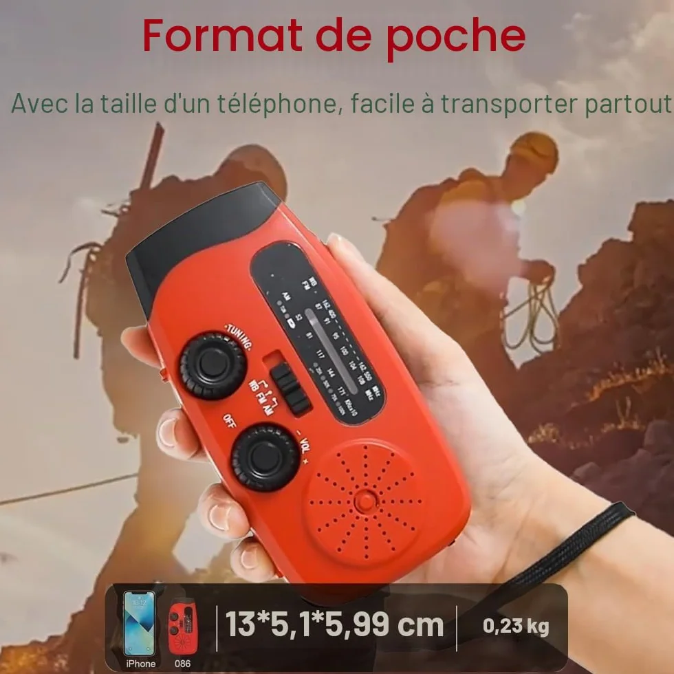 Radio solaire d'urgence portable 2000 mAh avec alarme SOS et chargeur USB