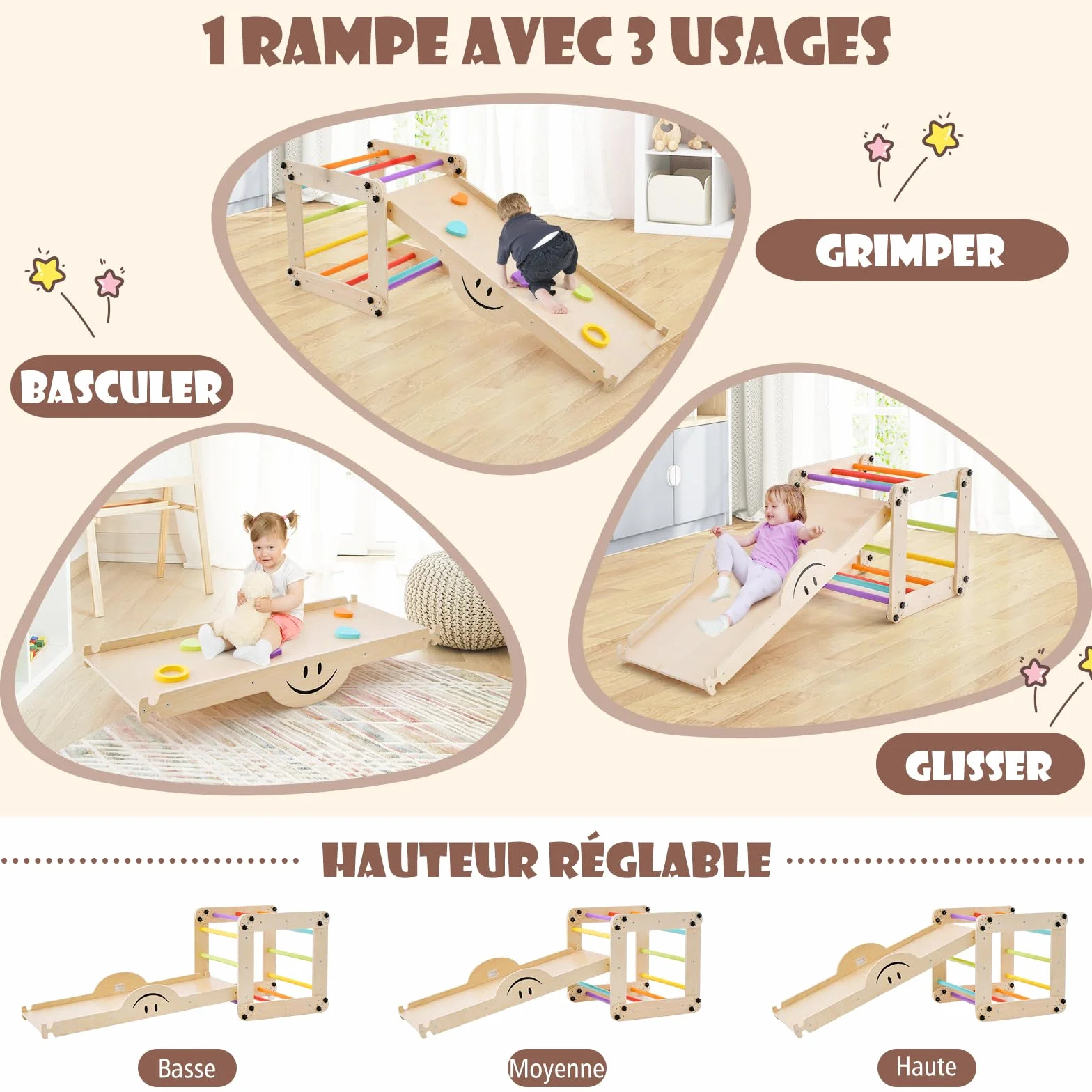 GOPLUS 7 en 1 Triangle Escalade Enfant Montessori en Bois avec Échelle Modulable, Rampe d'escalade Réversible, Charge 60KG