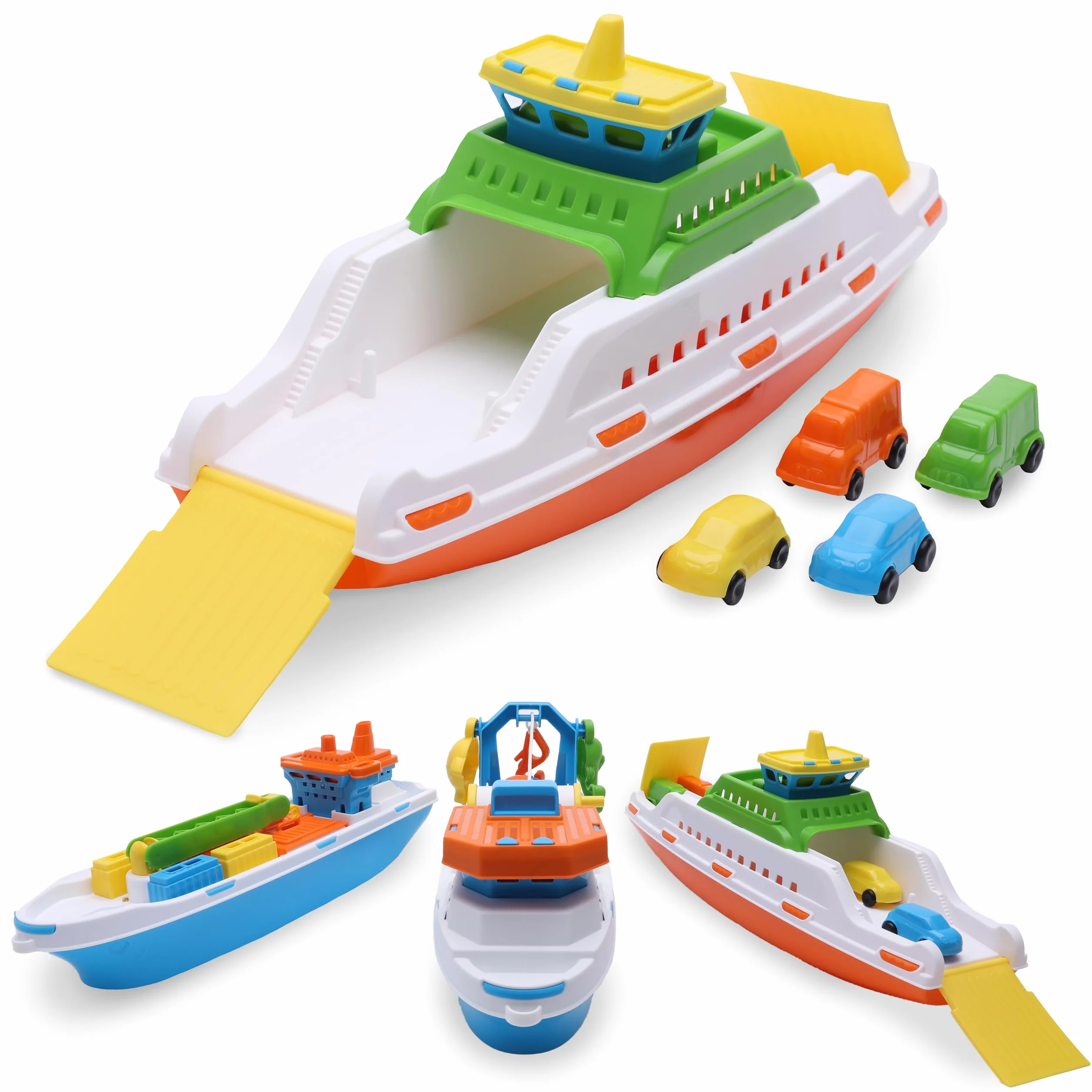 Toyland Ferry Coloré avec Rampes Mobiles et 4 Mini Voitures - Jouet Aquatique Flottant 39 cm pour Piscine et Bain
