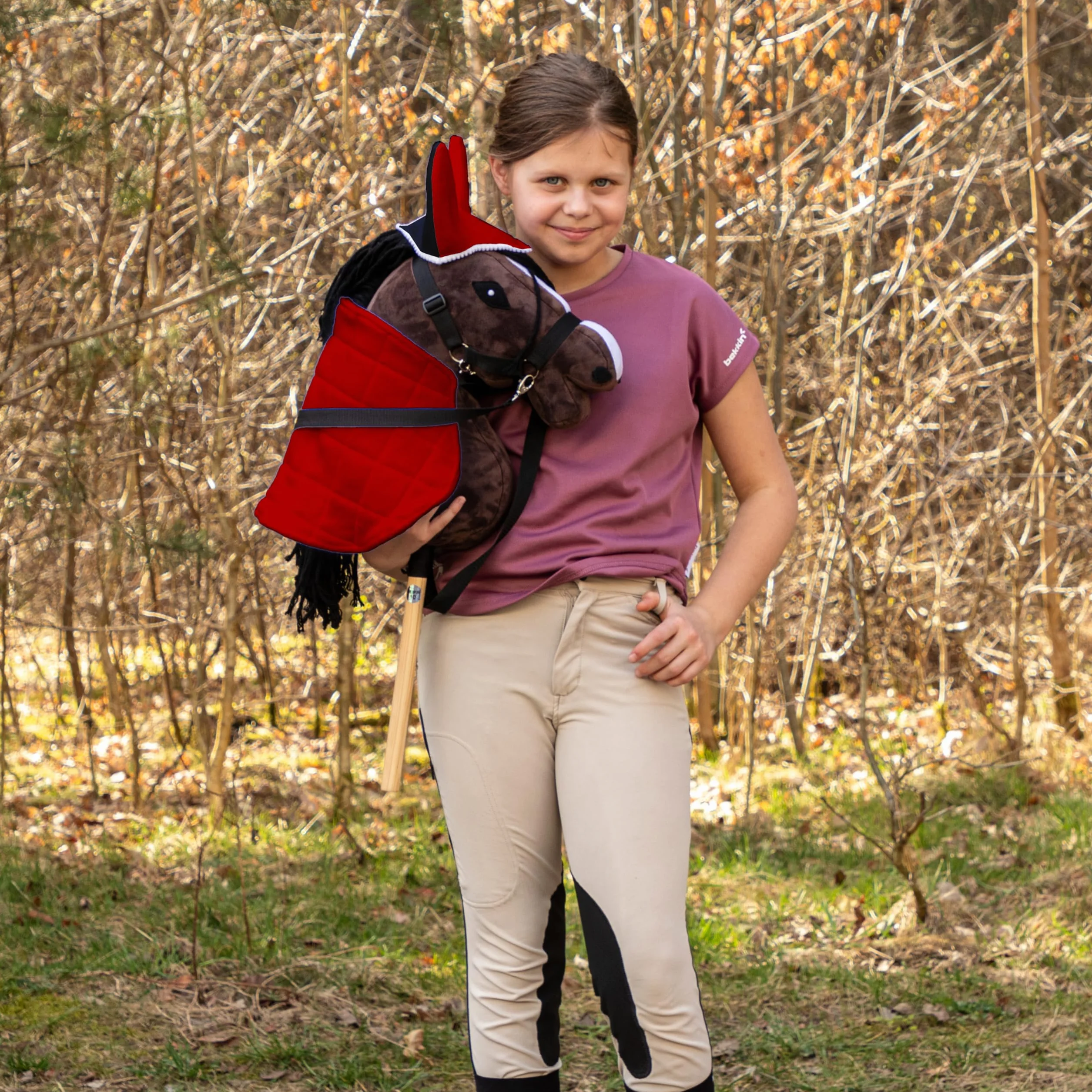 SKIPPI Couverture Réversible et Bonnet Anti Mouches pour Hobby Horse - Rouge et Noir, Accessoire Tête de Cheval