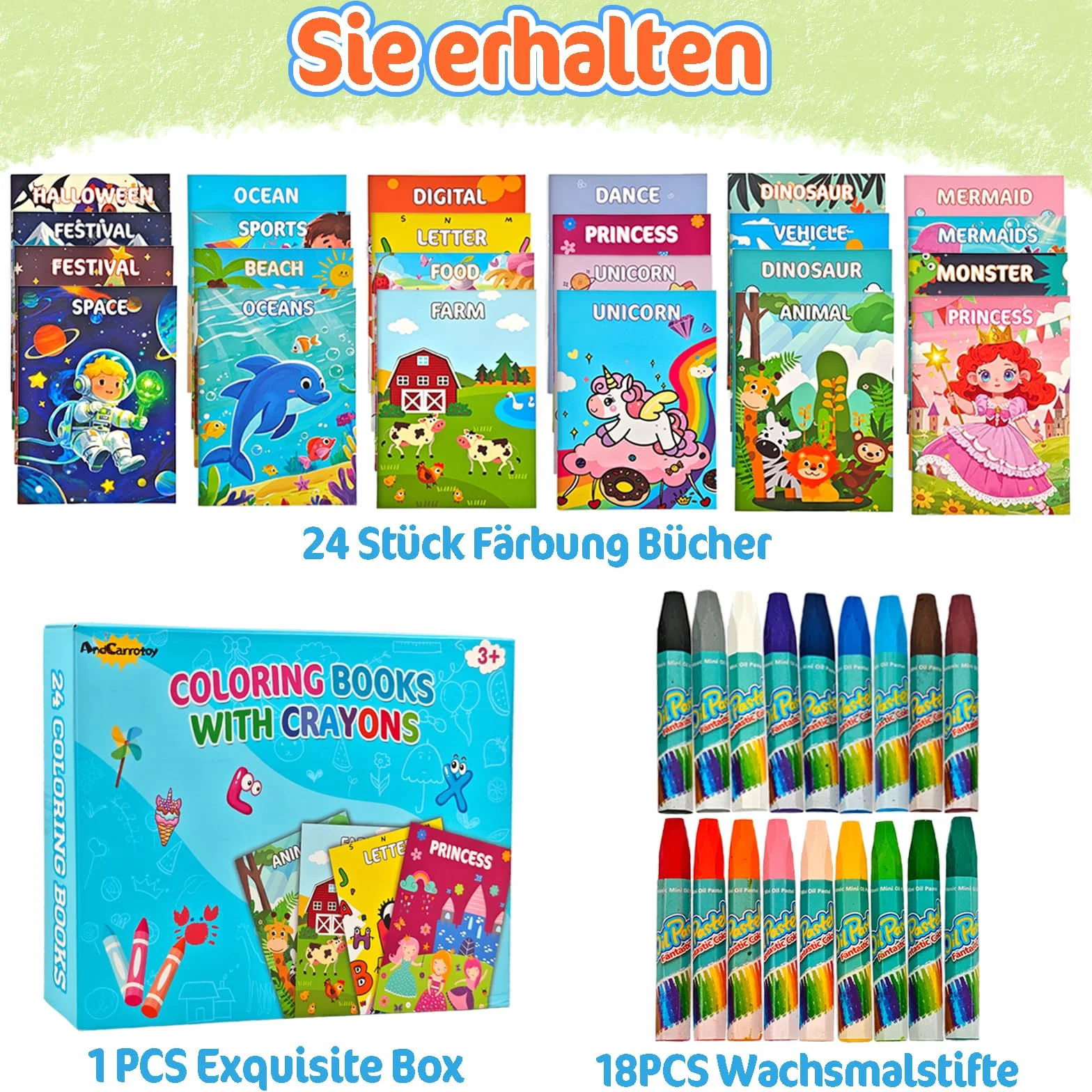 Mini Livre Coloriage pour Enfants 3-9 Ans - Cahier avec 18 Crayons de Couleurs, 24 Styles Activités DIY Dessin Feutres Cadeau Anniversaire