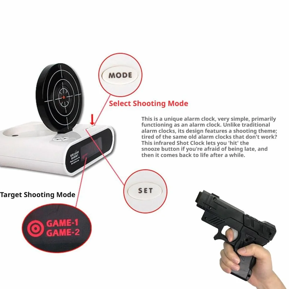 Réveil cible avec tir de pistolet, affichage LED, gadget interactif pour maison et bureau