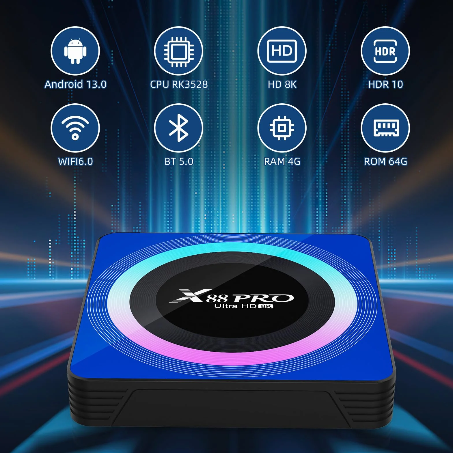 Android 13.0 TV Box 4GB RAM 64GB ROM RK3528 Quad-Core Cortex-A53 WiFi6 BT5.0 8K HD Ethernet