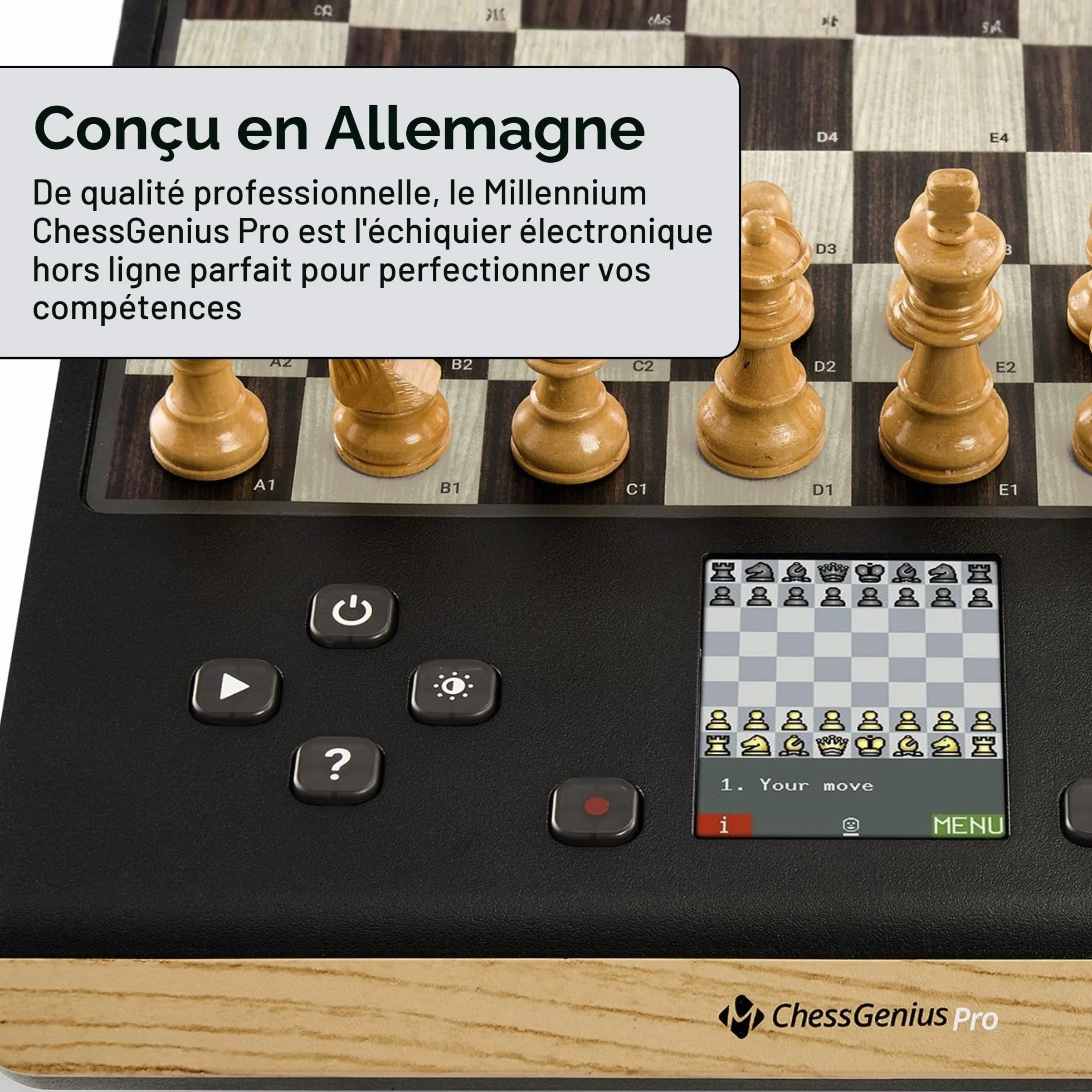 Ordinateur d'échecs MILLENNIUM ChessGenius Pro Wood Edition – Design élégant en Bois avec des pièces en Bois véritable, idéal pour Les Joueurs Amateurs grâce à Ses Fonctions d'apprentissage par IA