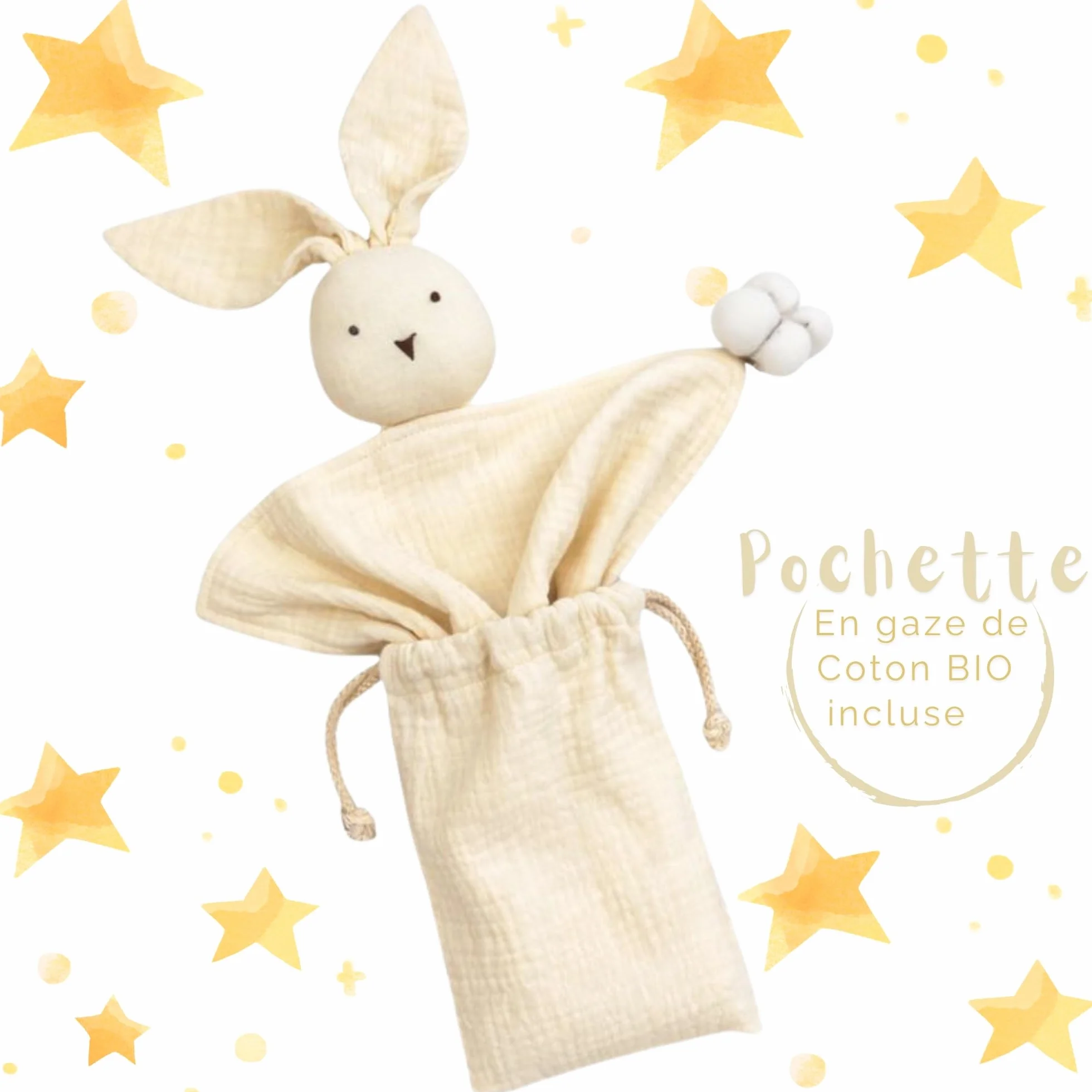 Doudou Lapin en Coton Bio 30x30 cm Cadeau Naissance Écru