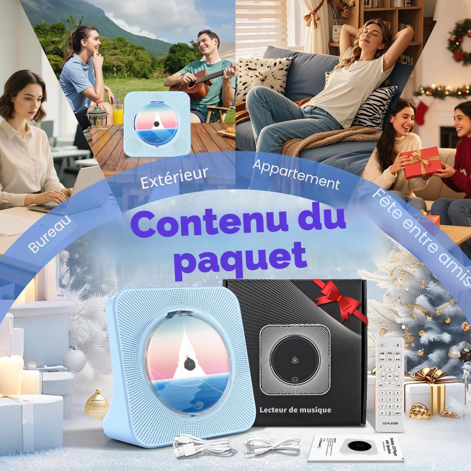 Lecteur CD Portable Enfants Radio Bluetooth Haut-Parleur HiFi USB FM Prise Casque Minuterie Veille Bleu