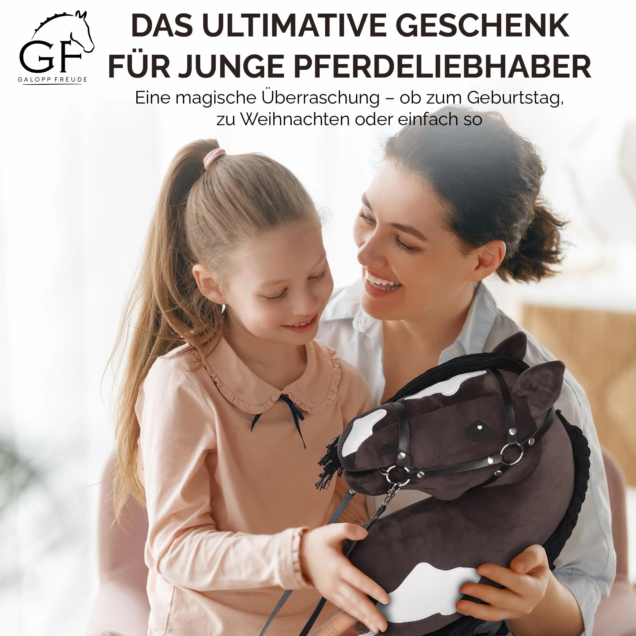 GaloppFreude Hobby Horse Grand cheval A3 avec tige de vis et bride - Cheval à cheval pour enfants avec crinière longue