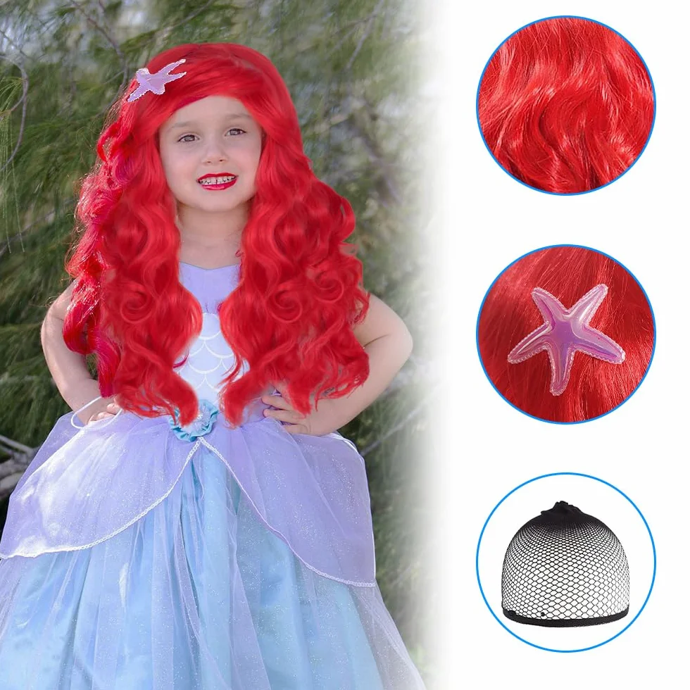 Perruque Sirène Enfant Ariel Rouge Longue Bouclée Costume Carnaval Fête Thème Cosplay