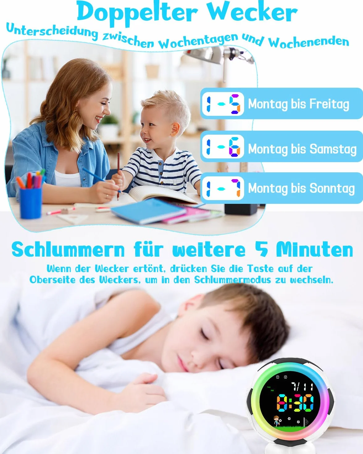 Réveil numérique Football Enfant avec veilleuse Snooze 6 sonneries Double Alarme 12/24h Cadeau garçons Filles