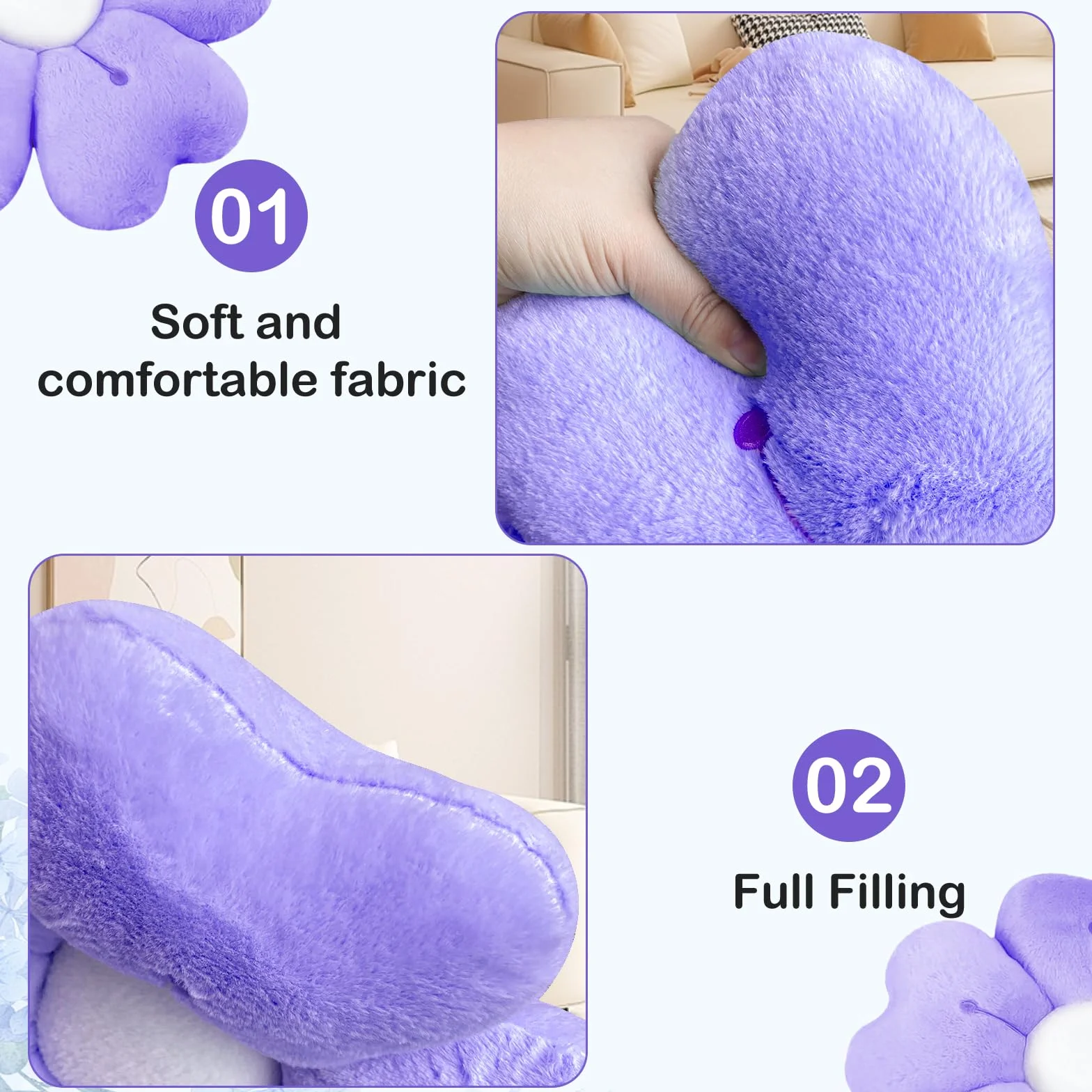 Coussin Fleurs Oreiller Floral Peluche 50cm Violet