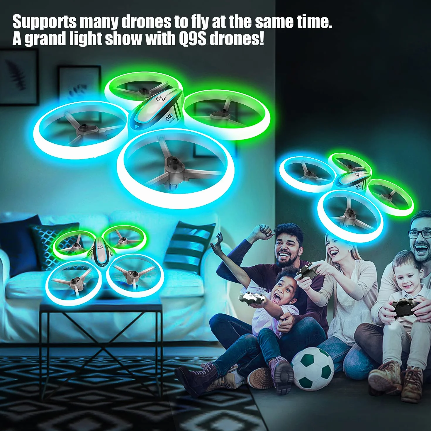 Drone Enfant Hélicoptère Télécommandé avec Lumières Bleues et Vertes, Deux Batteries, RC Quadricoptère Maintien d'Altitude