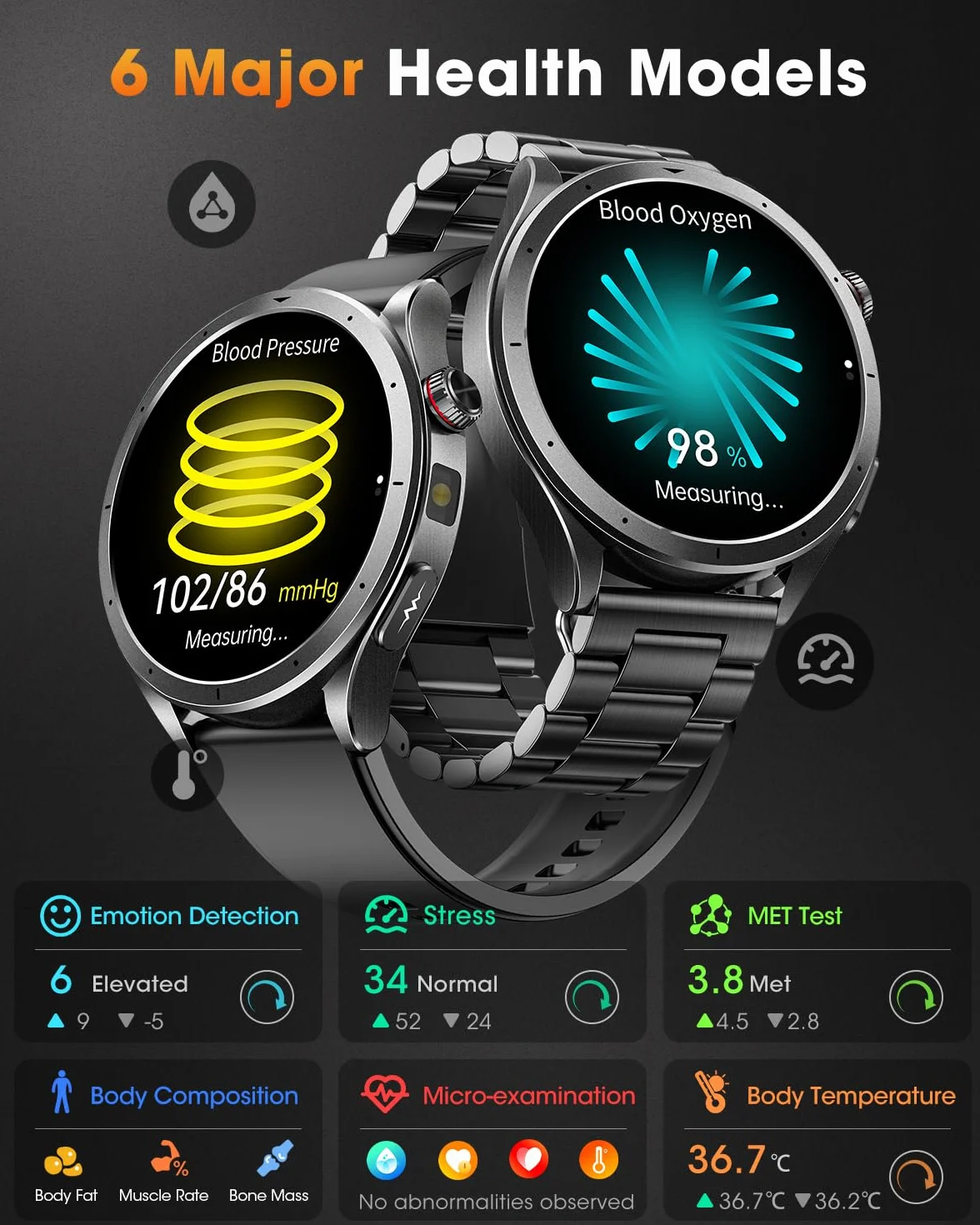 Montre Connectée Homme ECG+HRV Smartwatch Tension Artérielle Fréquence Cardiaque 5ATM Étanche Noir