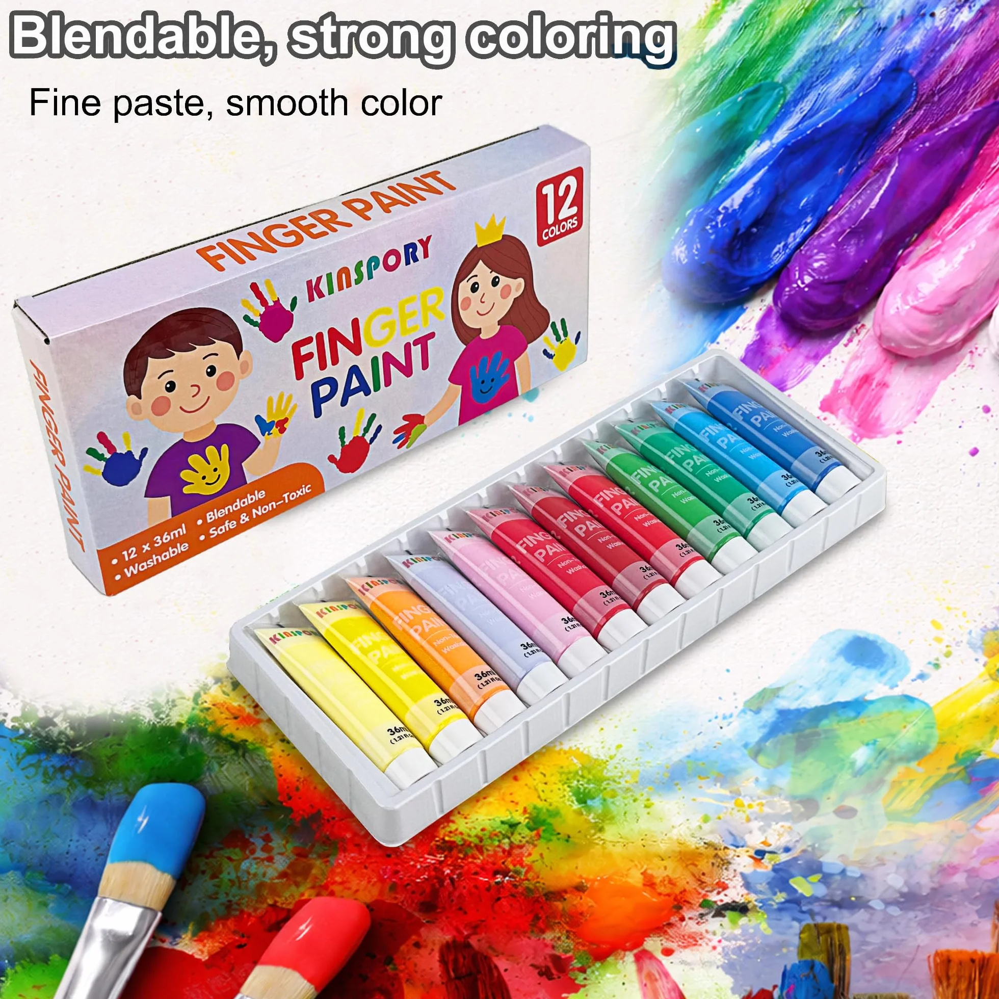 KINSPORY Peintures à Doigts Enfants 12 x 36 ml – Peintures Lavables Non Toxiques pour Tout-Petits