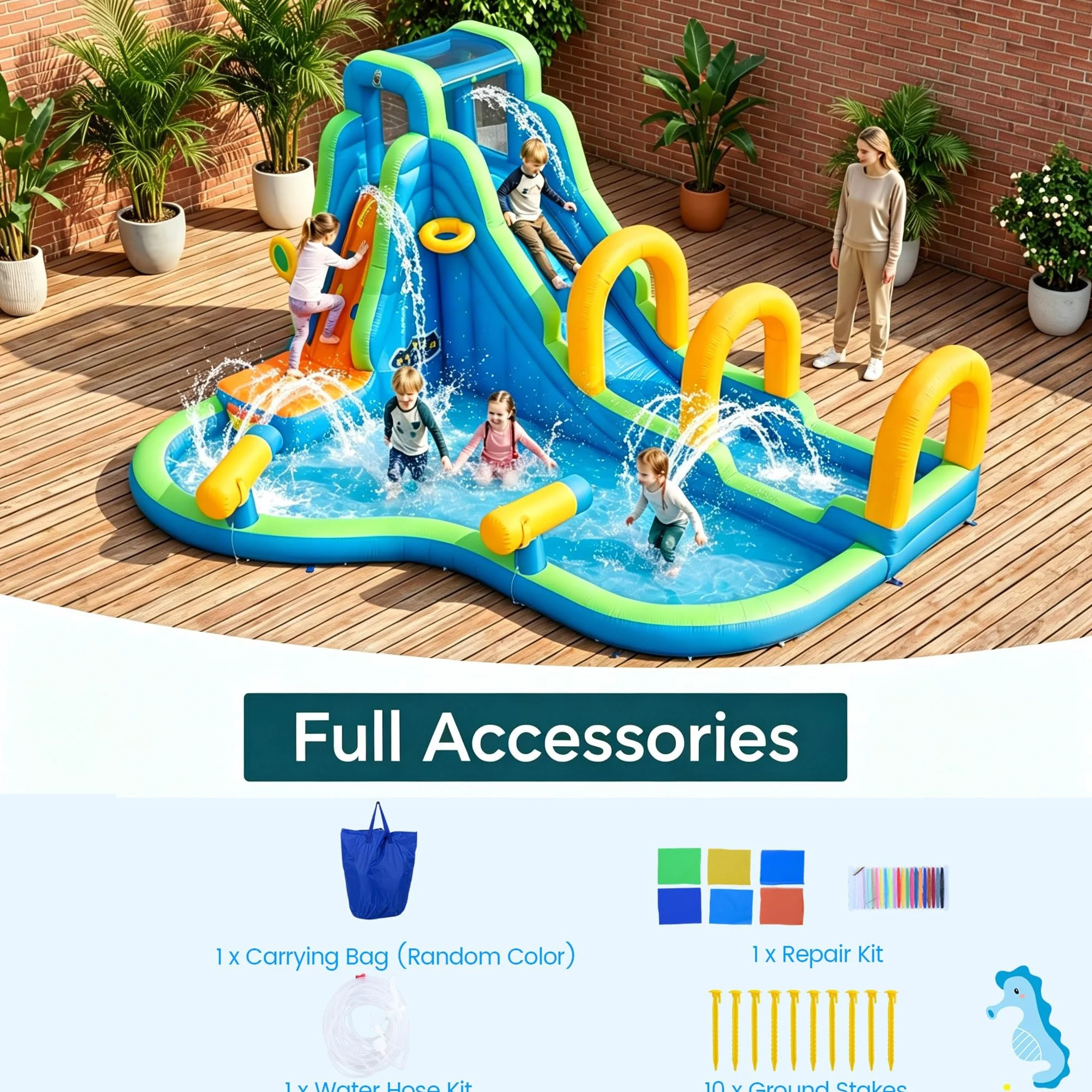 GIANTEX Château Gonflable avec Toboggan Aquatique, Aire de Jeux Gonflable pour Enfants 3-12 Ans