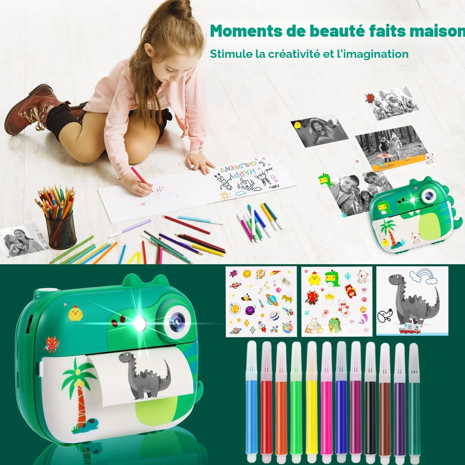 ARNSSIEN Appareil Photo Instantané Enfant 2,4 Pouces 1080p avec 7 Rouleaux Papier Cadeau Anniversaire Noël 3-12 Ans M3