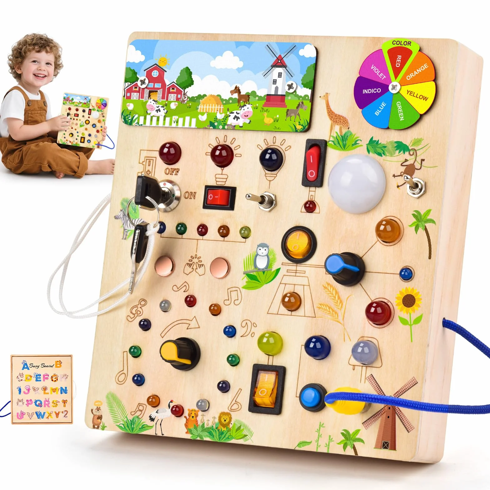 Busy Board Jouet Montessori 1 an, Jouet Enfant en Bois à Partir de 2 Ans, Planche Montessori avec 29 LED Jouets Sensoriel