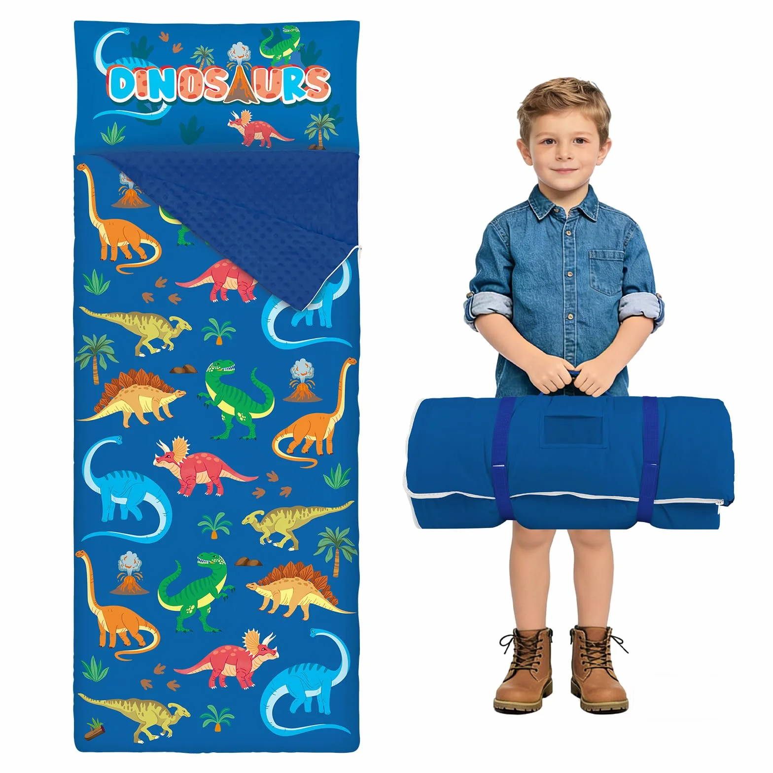 Sac Couchage Enfants 150x60cm avec Couverture et Oreiller Amovibles Léger Garcon Fille 3-7 Ans Voyage Camping