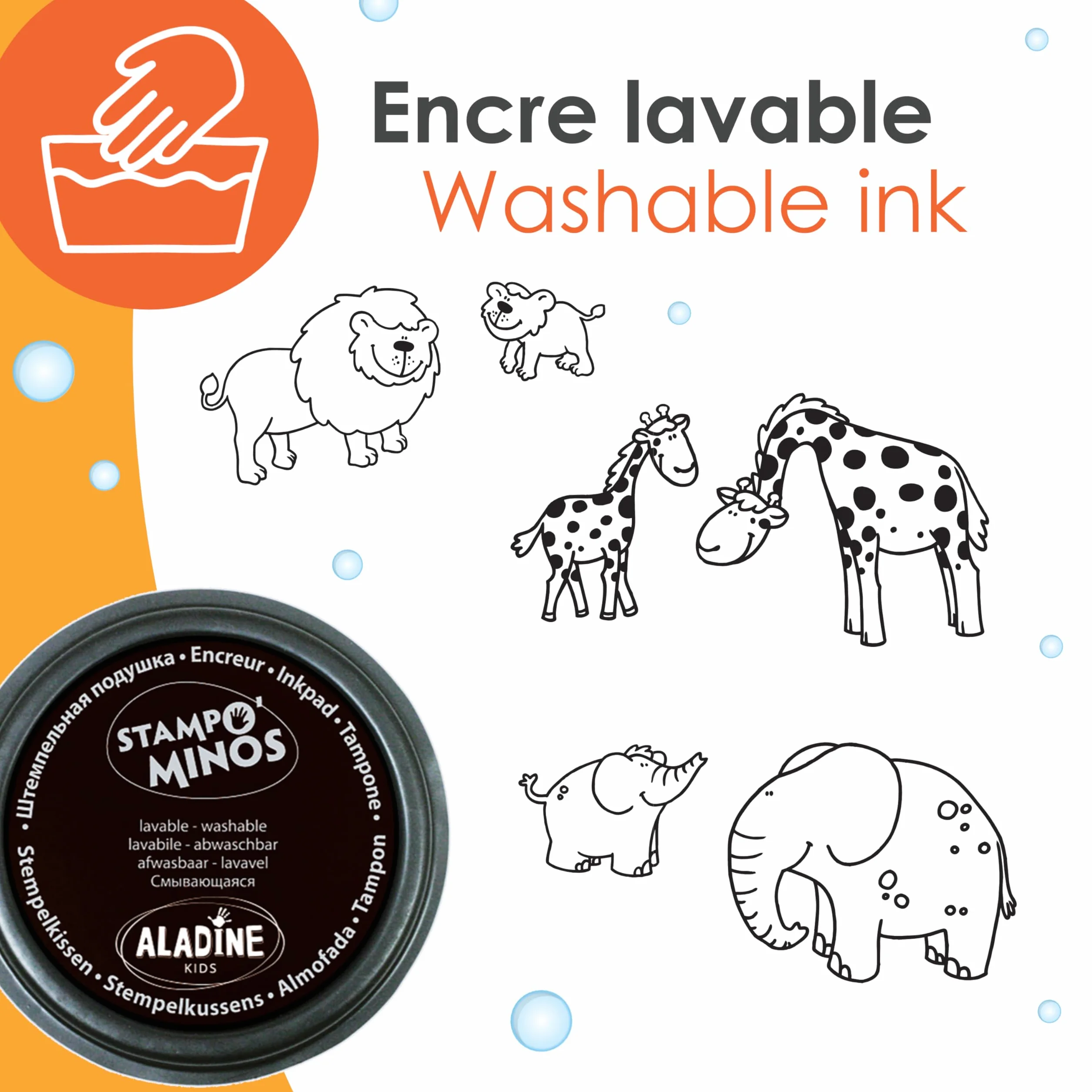 Aladine Stampominos 10 Tampons Animaux de la Savane Encre Lavable Enfant dès 3 ans Lion Girafe Éléphant