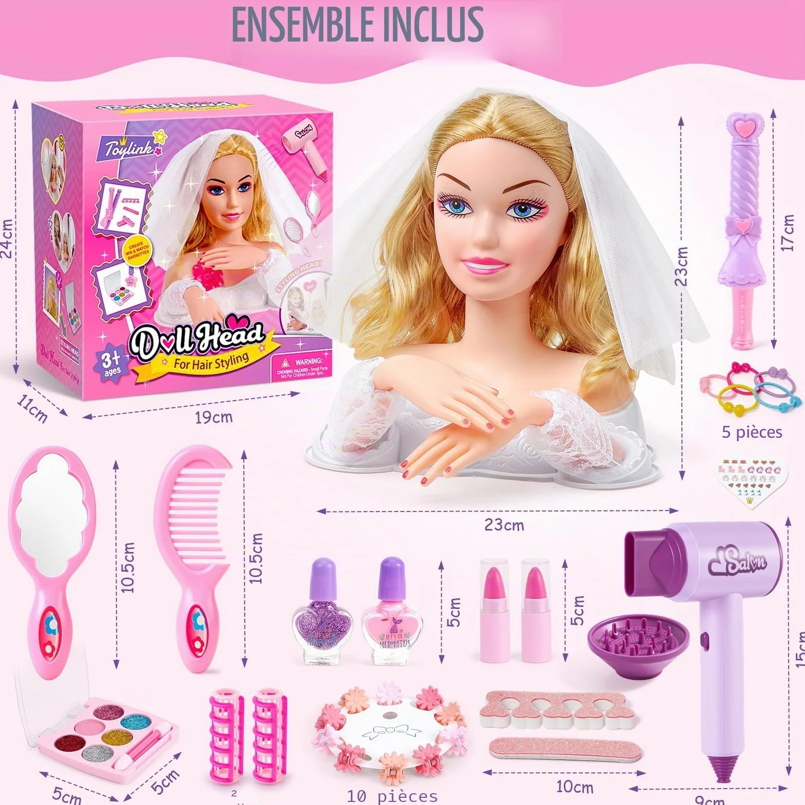 Vamei Tete a Coiffer Enfant avec Accessoires Coiffure, Poupée Maquillage Sèche-Cheveux, Salon Jouet Cadeau Fille 3-6 Ans