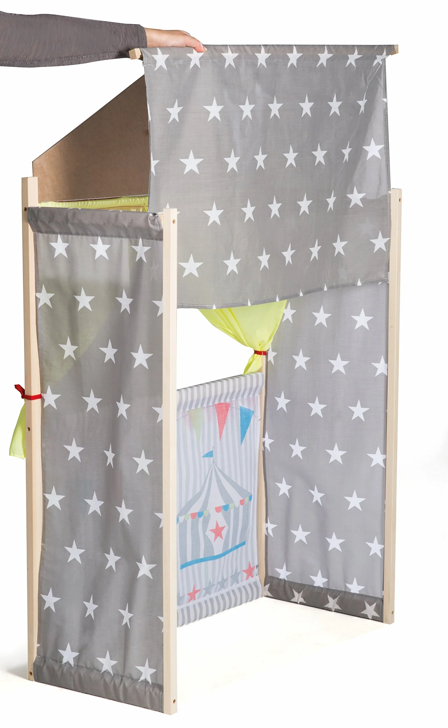 roba Théâtre de Marionnettes pour Enfant en Bois et Tissu Étoilé Gris - Monté sur Pied - 84 x 39 x 129 cm - avec Horloge à Aiguilles Mobiles - dès 3 Ans - Multicolore