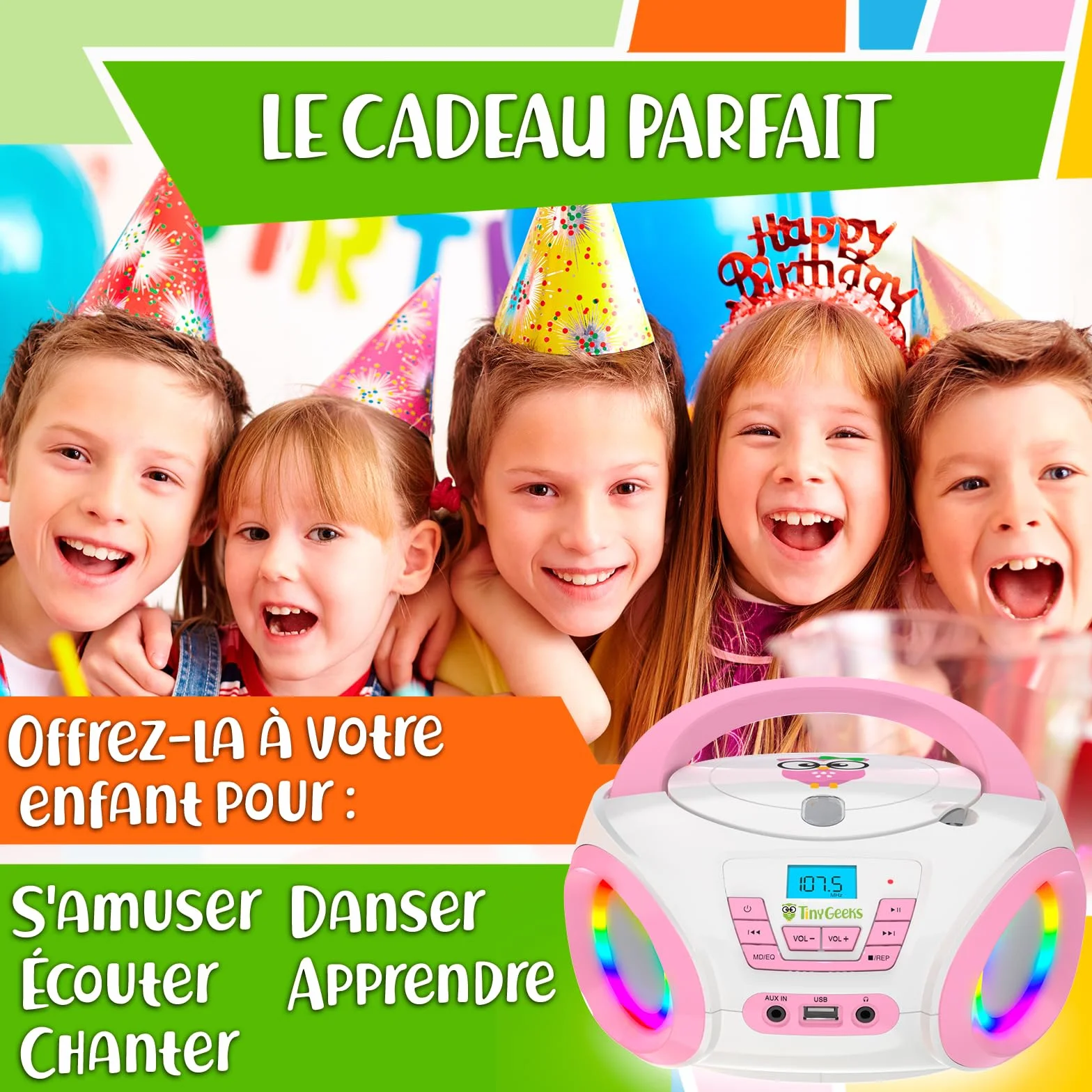 Lecteur CD Enfant Radio FM Piles incluses Haut-parleurs Rose