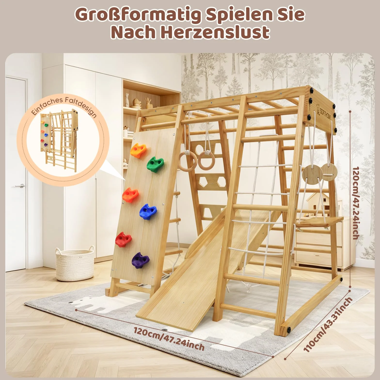 Maxi Cadre d'Escalade Pliable 10 en 1 Montessori en Bois avec Balançoire et Toboggan