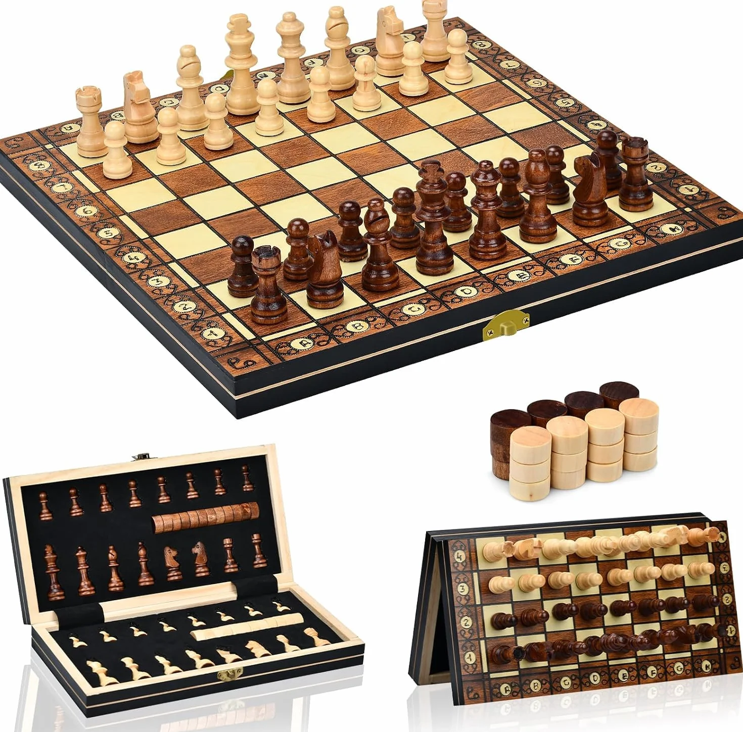 Jeu d'Échecs 2 en 1, Échiquier Magnétique en Bois Pliable avec Rangement, 29x29 cm