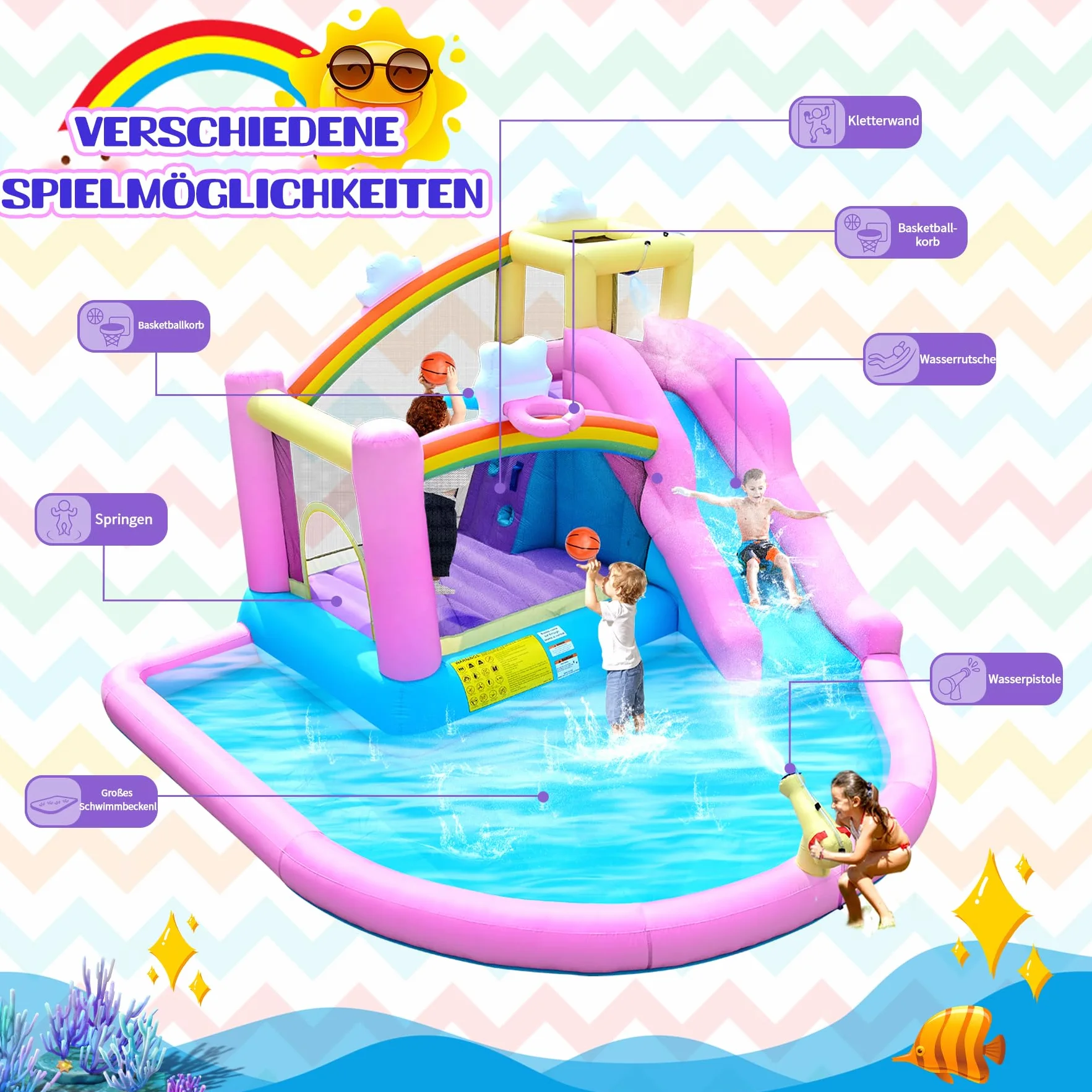 Aire de jeux gonflable avec toboggan aquatique 365x390x238cm pour extérieur