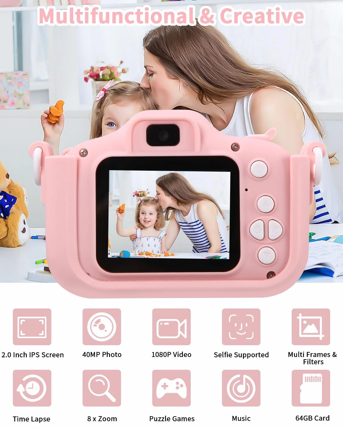 Appareil Photo Numérique Enfant 2.0 Pouces HD 1080p 64Go Carte SD Rechargeable Cadeau Filles Garçons 3-10 Ans