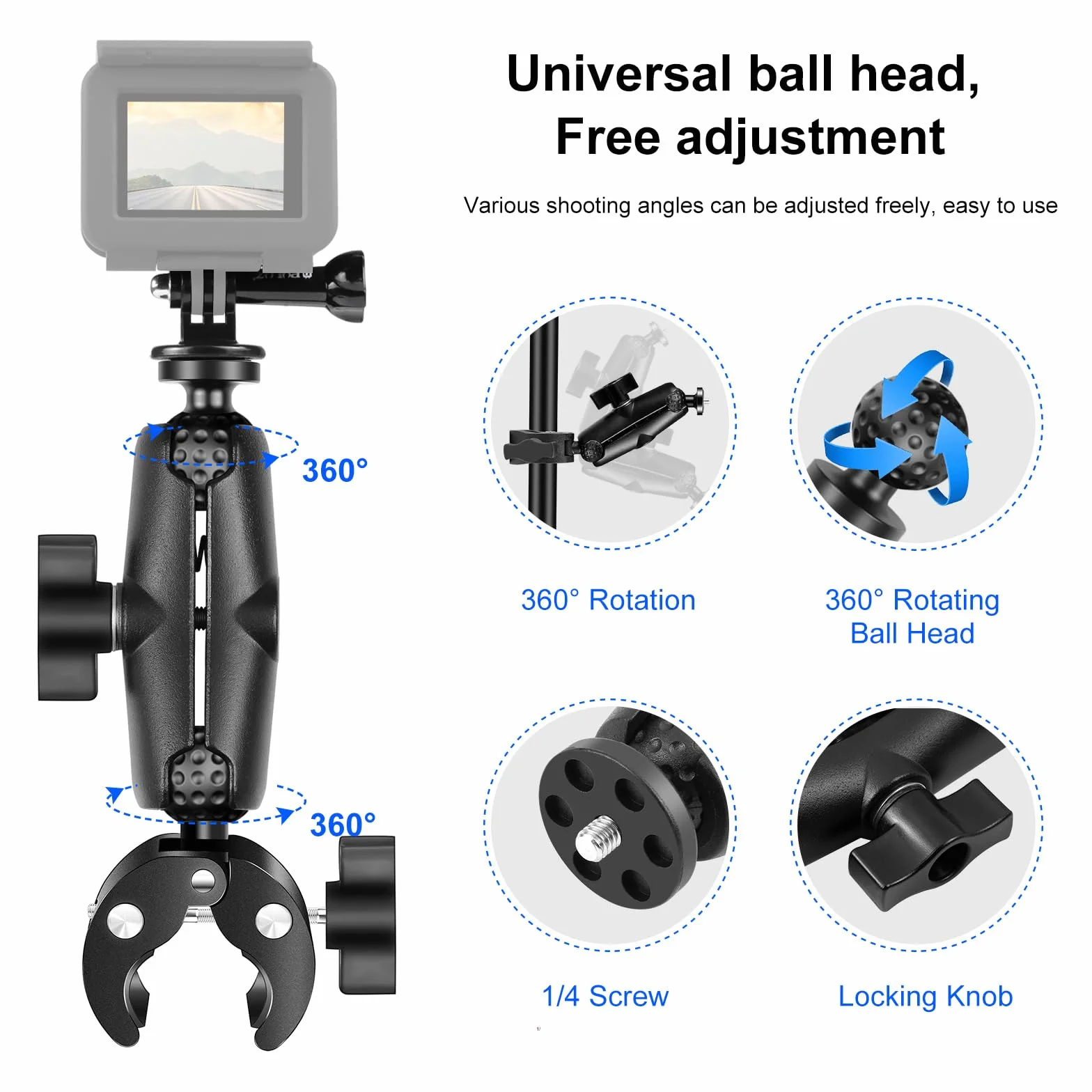 Super Clamp Crabe Action Camera Moto Guidon Support Fixe 360° Rotation Rotule Tête Boule Filetage 1/4" pour Caméra Studio Trépied Compatible Gopro Insta360 X5 X4 X3 OSMO