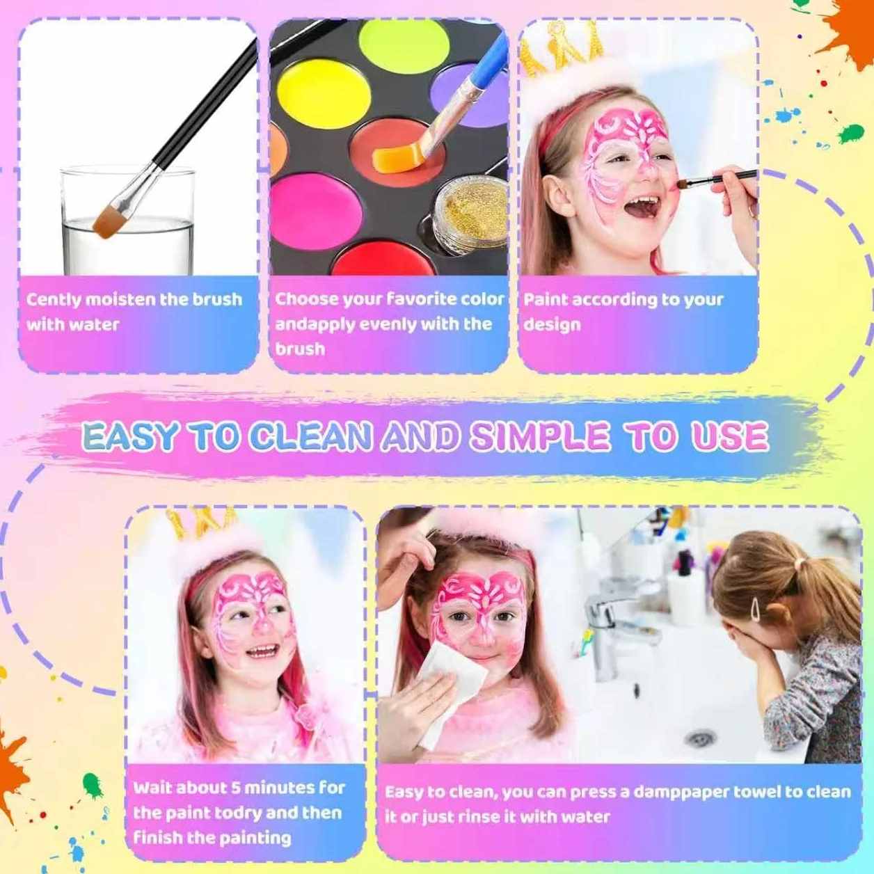 Peinture Corporelle Visage 20 Couleurs Palette Maquillage Enfants avec 2 Pinceaux 60 Pochoirs Halloween Noël Carnaval