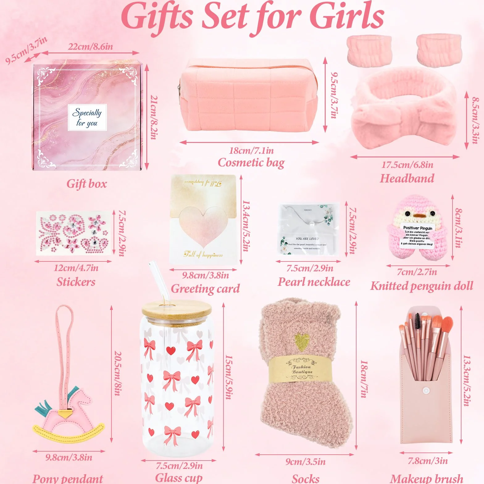 Tasse en Verre avec Couvercle et Pailles, Pinceaux de Maquillage, Trousse, Chaussettes, Bracelet, Bandeau pour Fille 9-15 Ans
