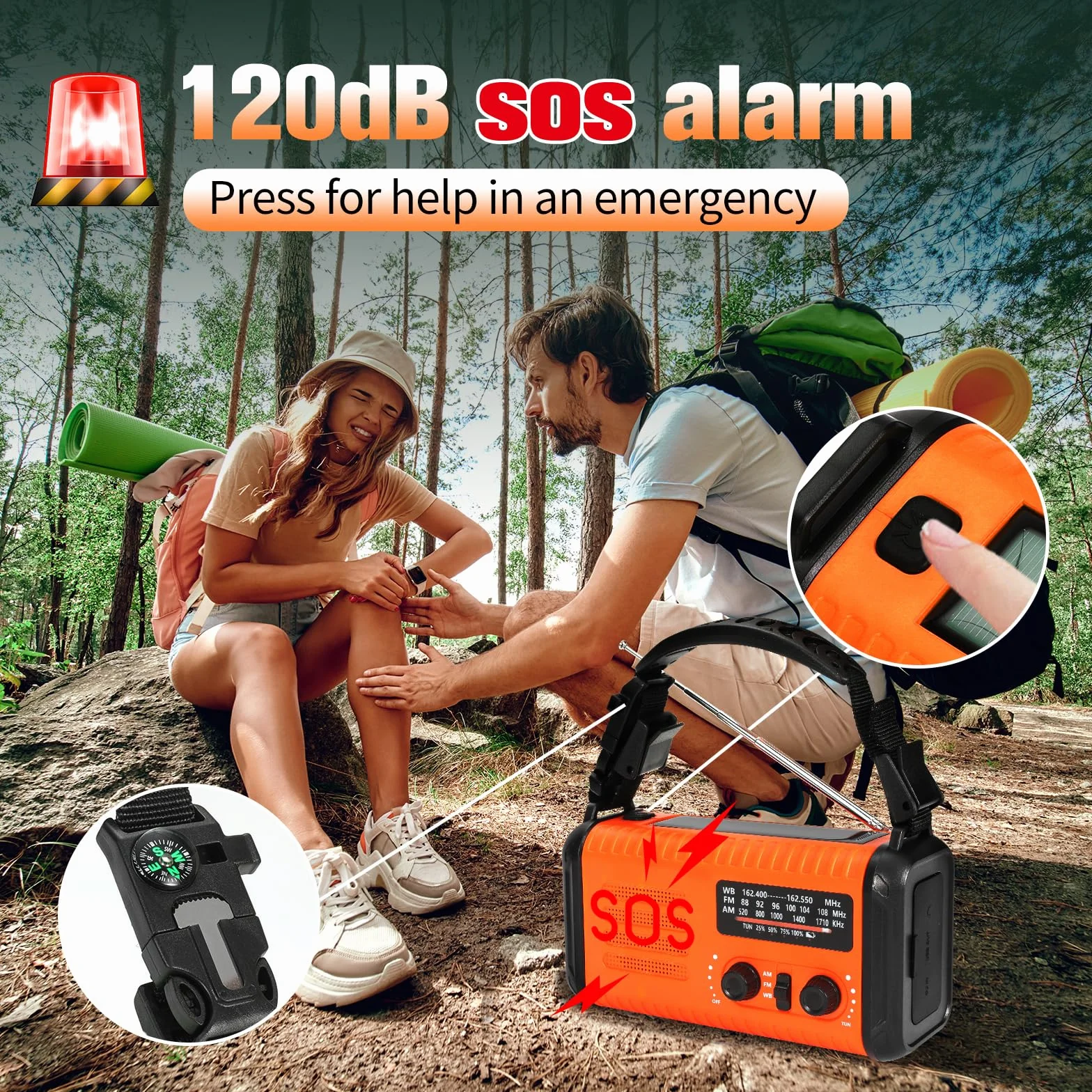Radio de Secours à manivelle 20000 mAh NOAA AM FM Solaire Portable avec Lampe Torche SOS Orange