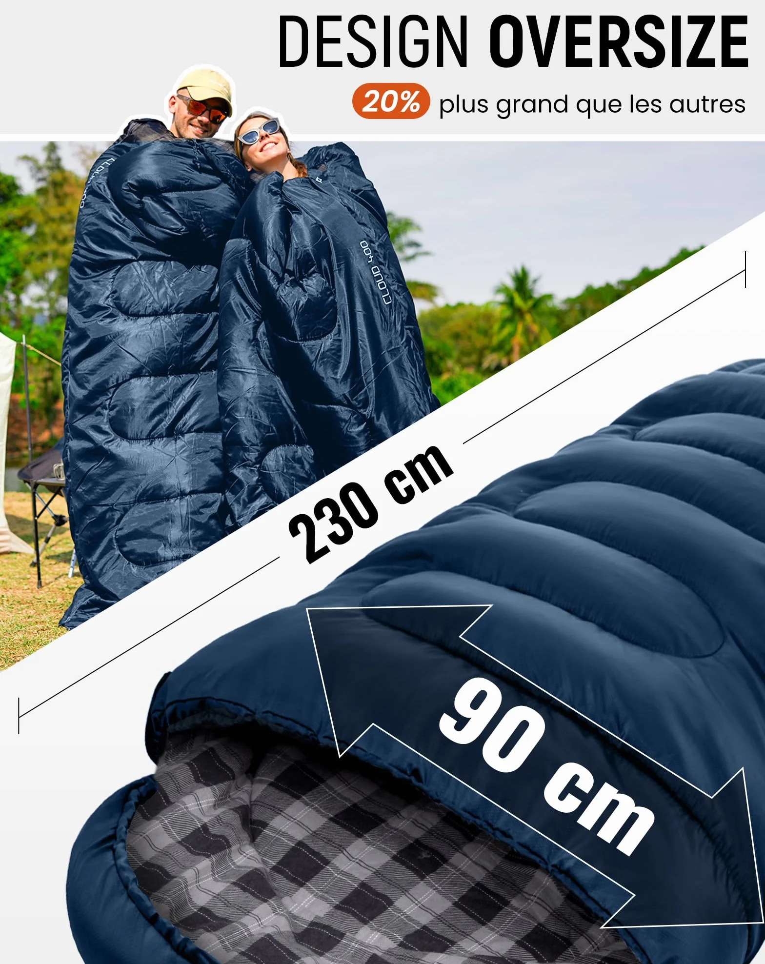 KingCamp Sac de Couchage Adulte Hiver Flanelle Coton 230x90cm 4°C à -15°C 3-4 Saisons Camping