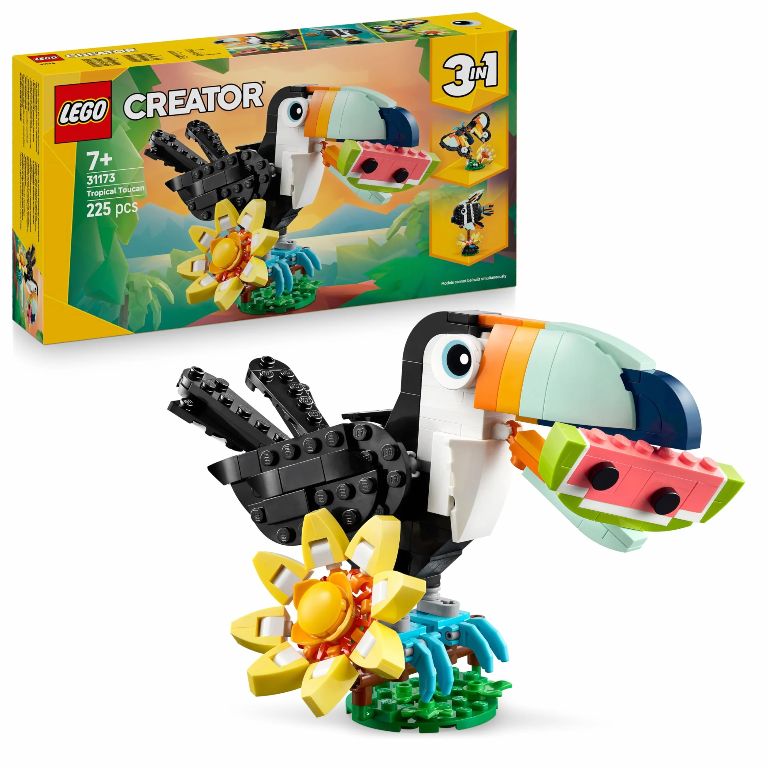 LEGO Creator 3-en-1 Animaux Sauvages Toucan Tropical Oiseau avec Fleur Jouet Animal Transformable Papillon Poisson Tropical Cadeau 7 Ans 31173