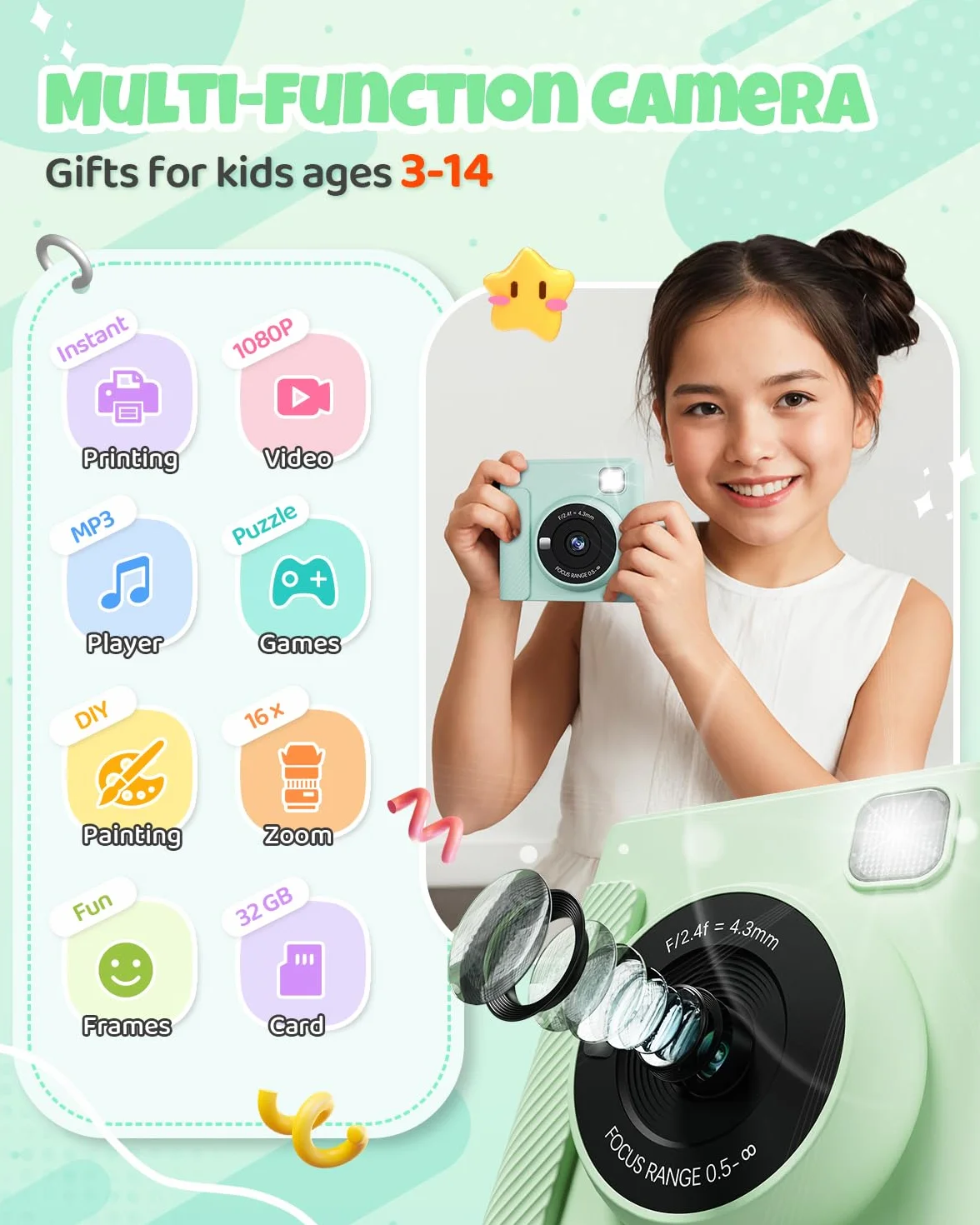 TIATUA Appareil Photo Instantané Enfants 1080P Numérique avec Carte 32GB et Papier d'Impression, Cadeau 3-12 Ans